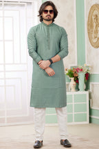 Light Green Art Silk Indo Western Traditional Sherwani Long Kurta & Pant Suit for Men for Wedding - Embrodery Work