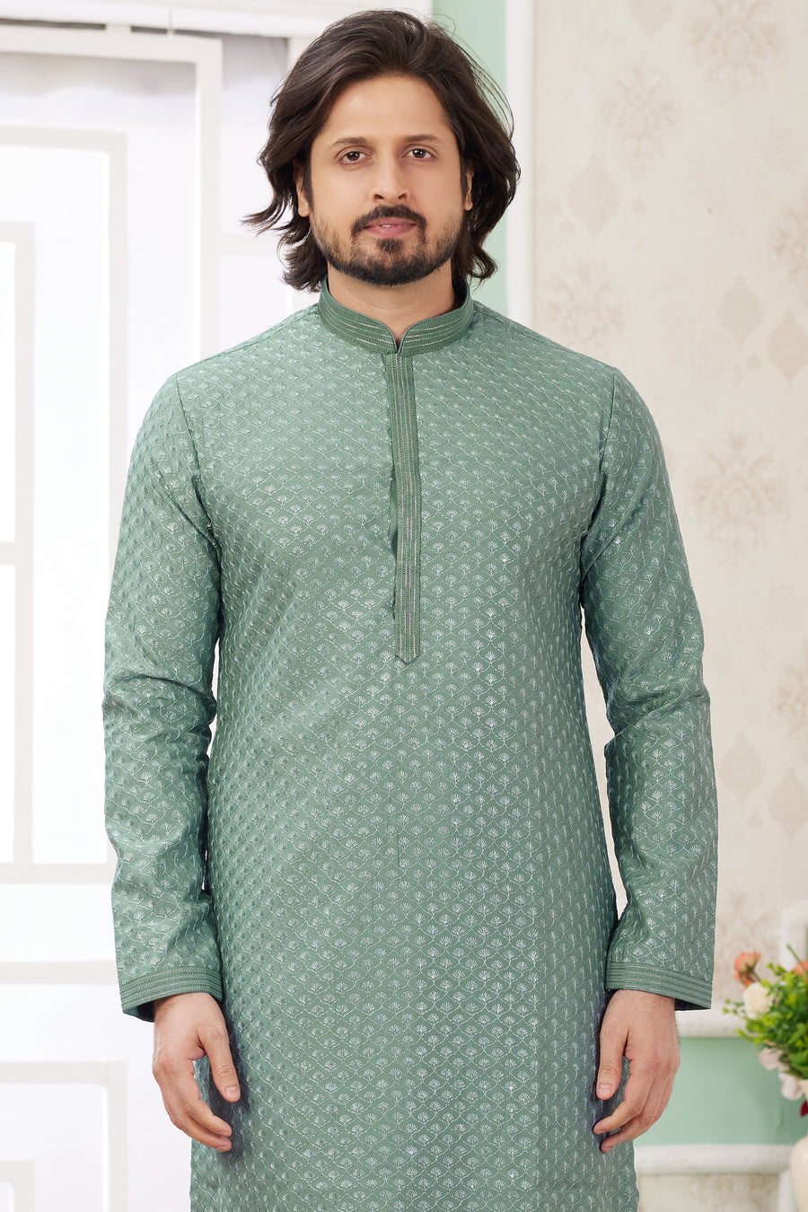Light Green Art Silk Indo Western Traditional Sherwani Long Kurta & Pant Suit for Men for Wedding - Embrodery Work