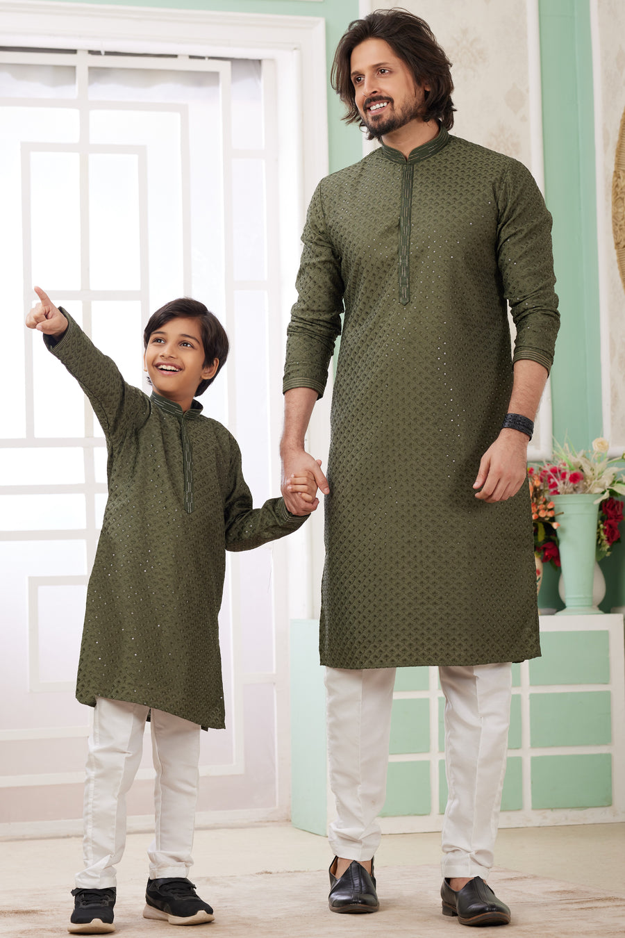 Olive Green Art Silk Father Son Matching Combo Indo Western Traditional Sherwani Long Kurta & Pajama Suit for Wedding - Embroidery Work