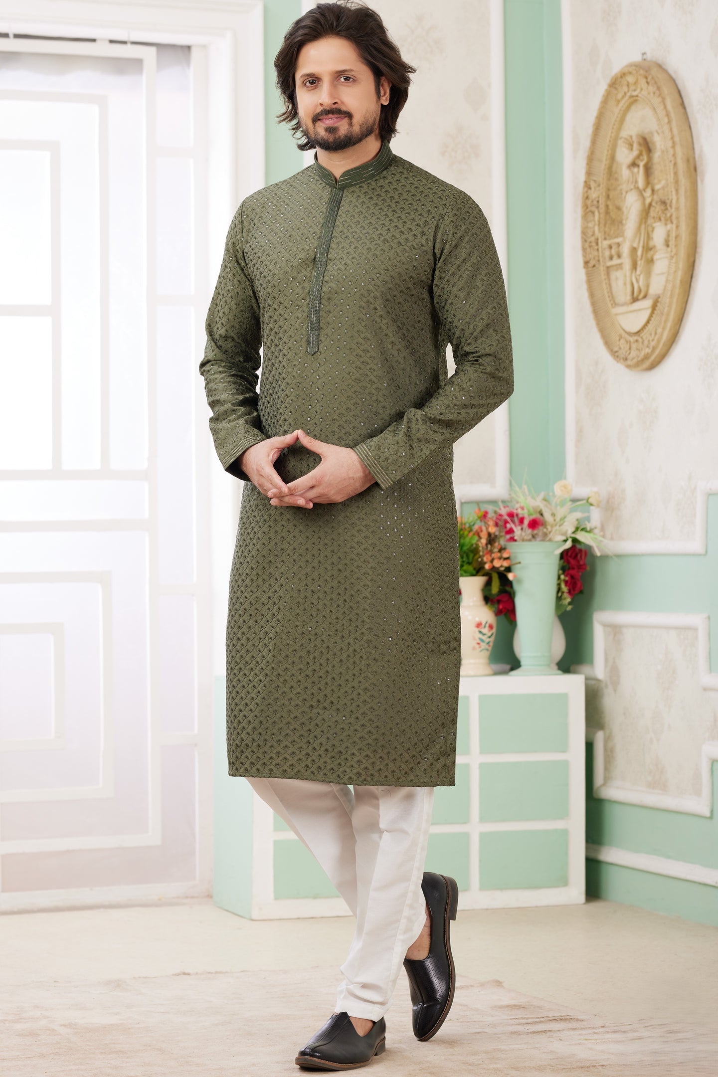 Olive Green Art Silk Father Son Matching Combo Indo Western Traditional Sherwani Long Kurta & Pajama Suit for Wedding - Embroidery Work