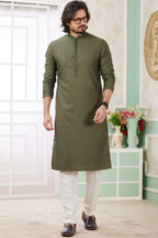 Olive Green Art Silk Indo Western Traditional Sherwani Long Kurta & Pant Suit for Men for Wedding - Embroidery Work