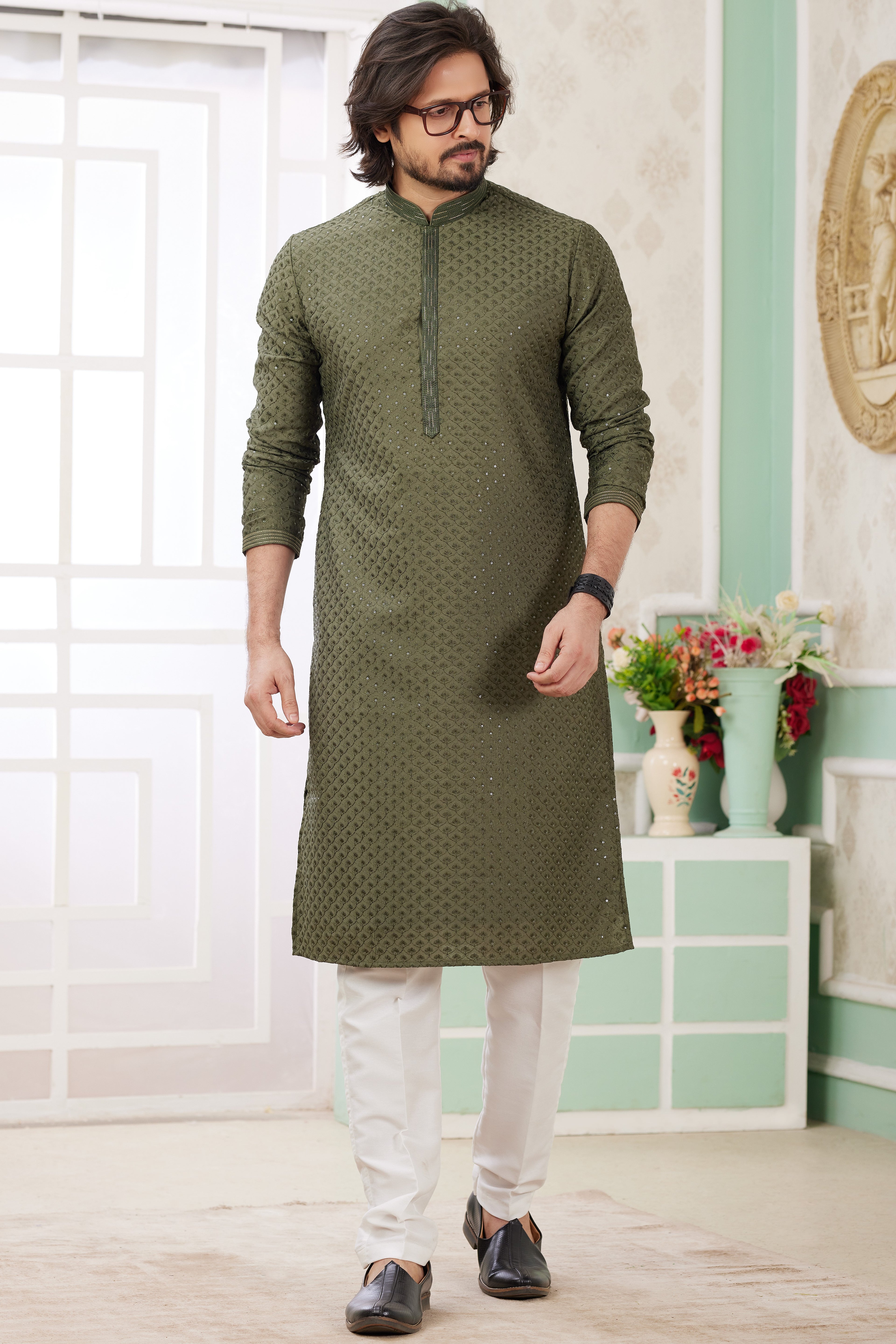 Olive Green Art Silk Indo Western Traditional Sherwani Long Kurta & Pant Suit for Men for Wedding - Embroidery Work
