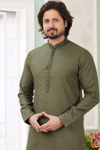 Olive Green Art Silk Indo Western Traditional Sherwani Long Kurta & Pant Suit for Men for Wedding - Embroidery Work