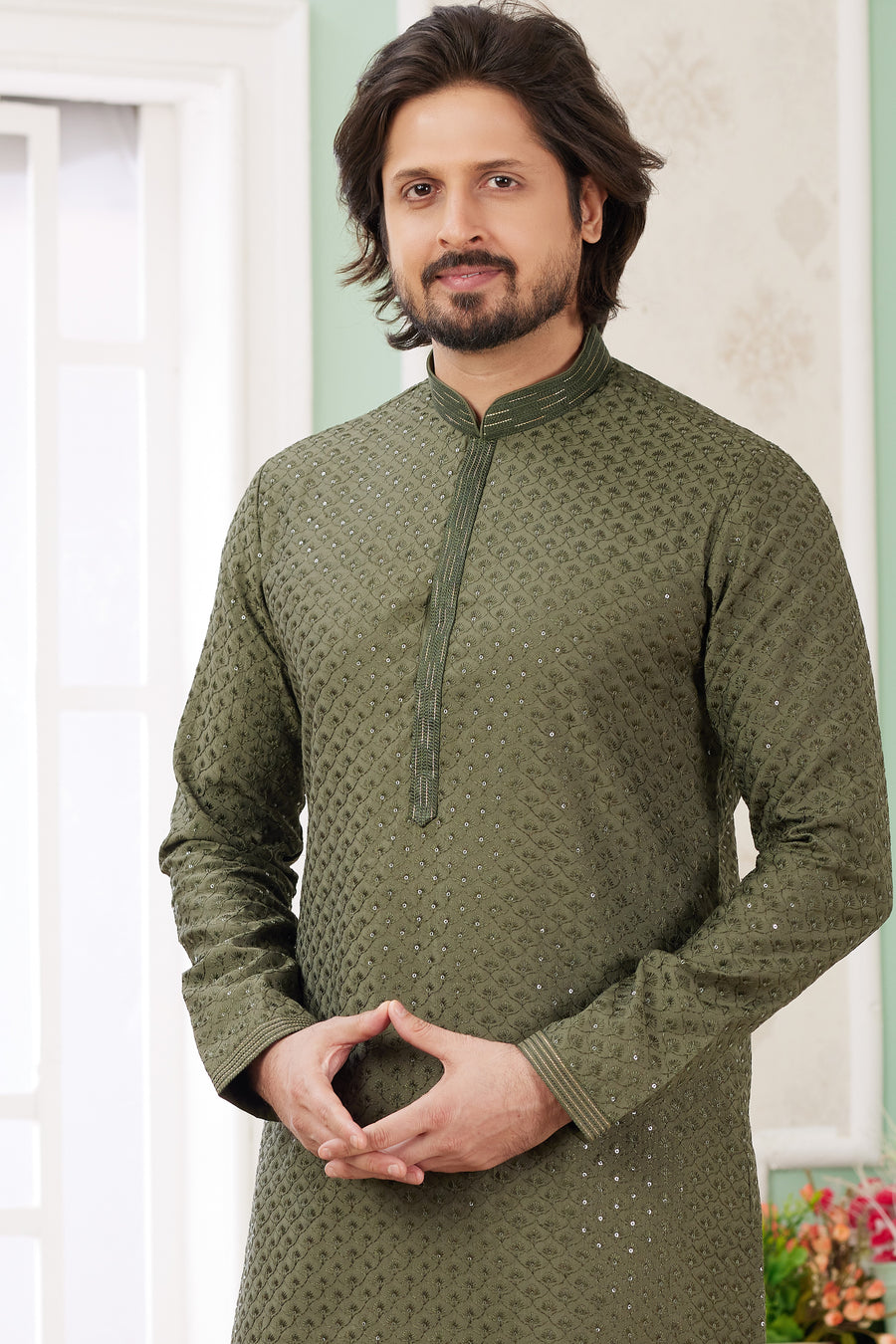 Olive Green Art Silk Indo Western Traditional Sherwani Long Kurta & Pant Suit for Men for Wedding - Embroidery Work