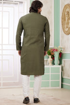 Olive Green Art Silk Indo Western Traditional Sherwani Long Kurta & Pant Suit for Men for Wedding - Embroidery Work