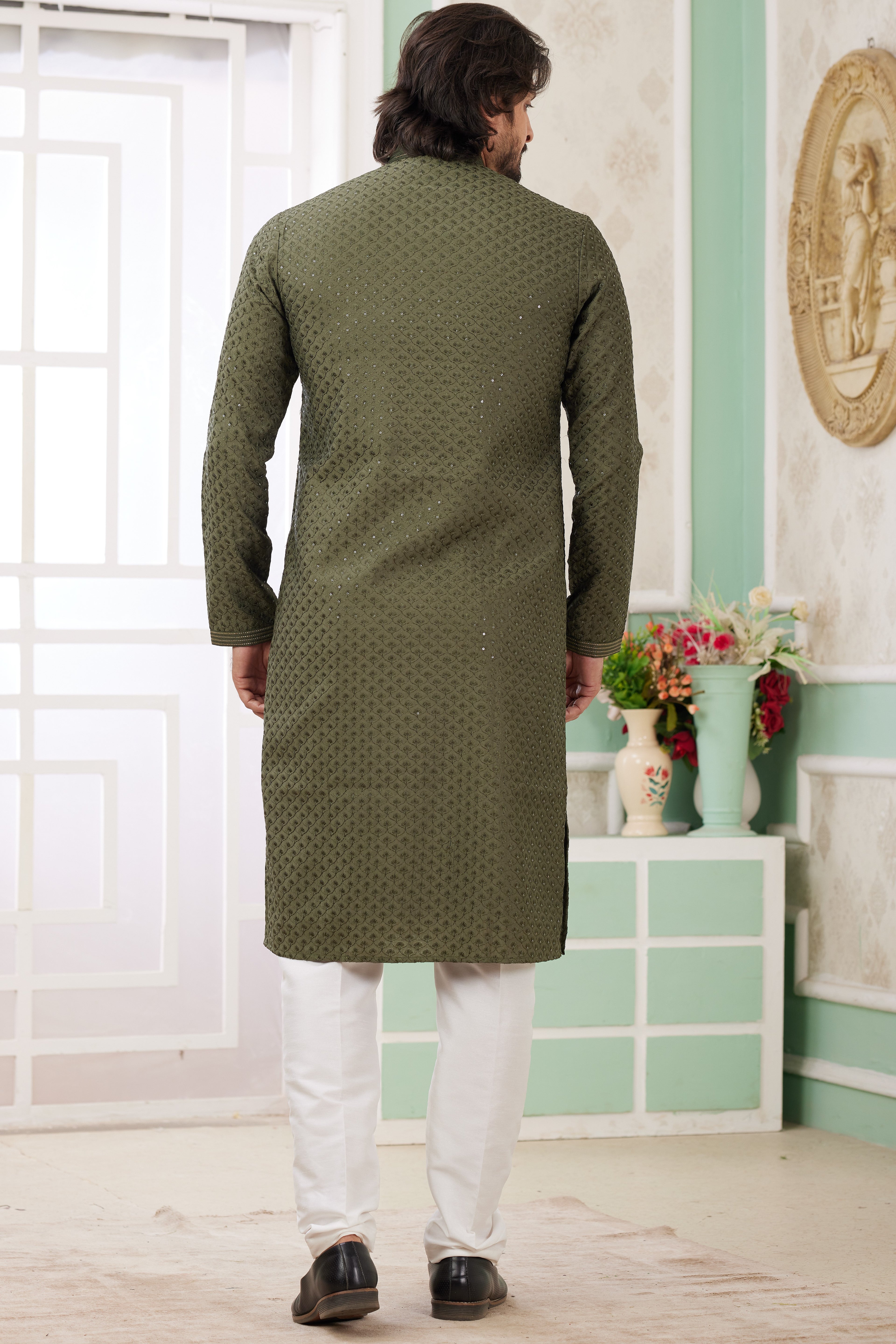 Olive Green Art Silk Indo Western Traditional Sherwani Long Kurta & Pant Suit for Men for Wedding - Embroidery Work