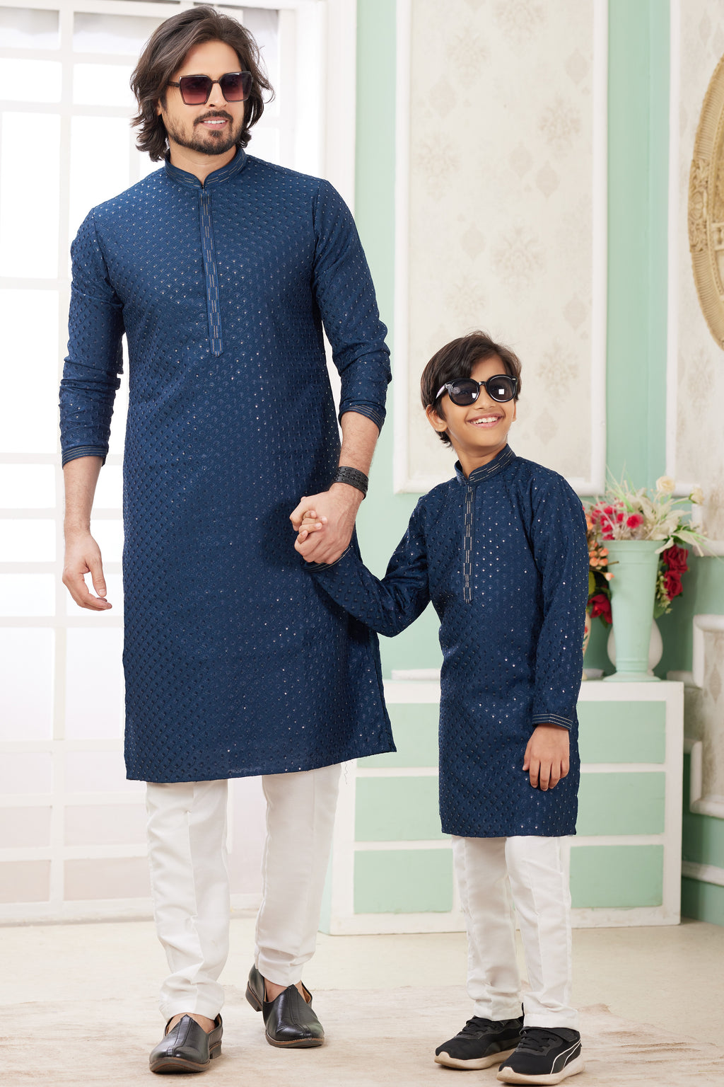 Navy Blue Art Silk Father Son Matching Combo Indo Western Traditional Sherwani Long Kurta & Pajama Suit for Wedding - Embroidery Work
