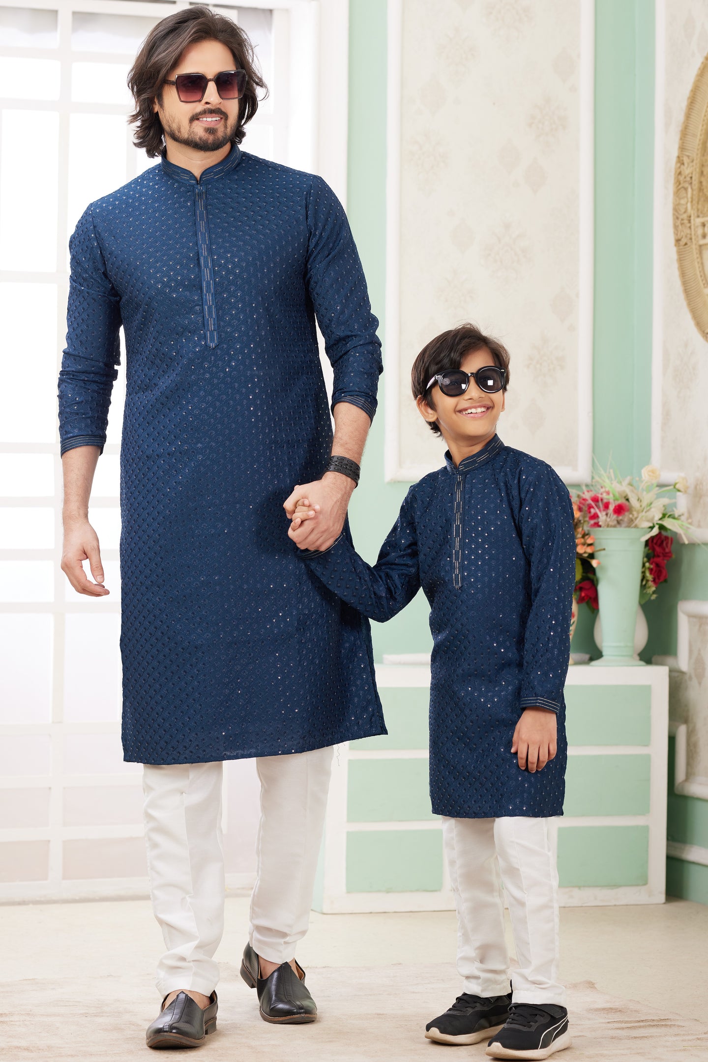 Navy Blue Art Silk Father Son Matching Combo Indo Western Traditional Sherwani Long Kurta & Pajama Suit for Wedding - Embroidery Work