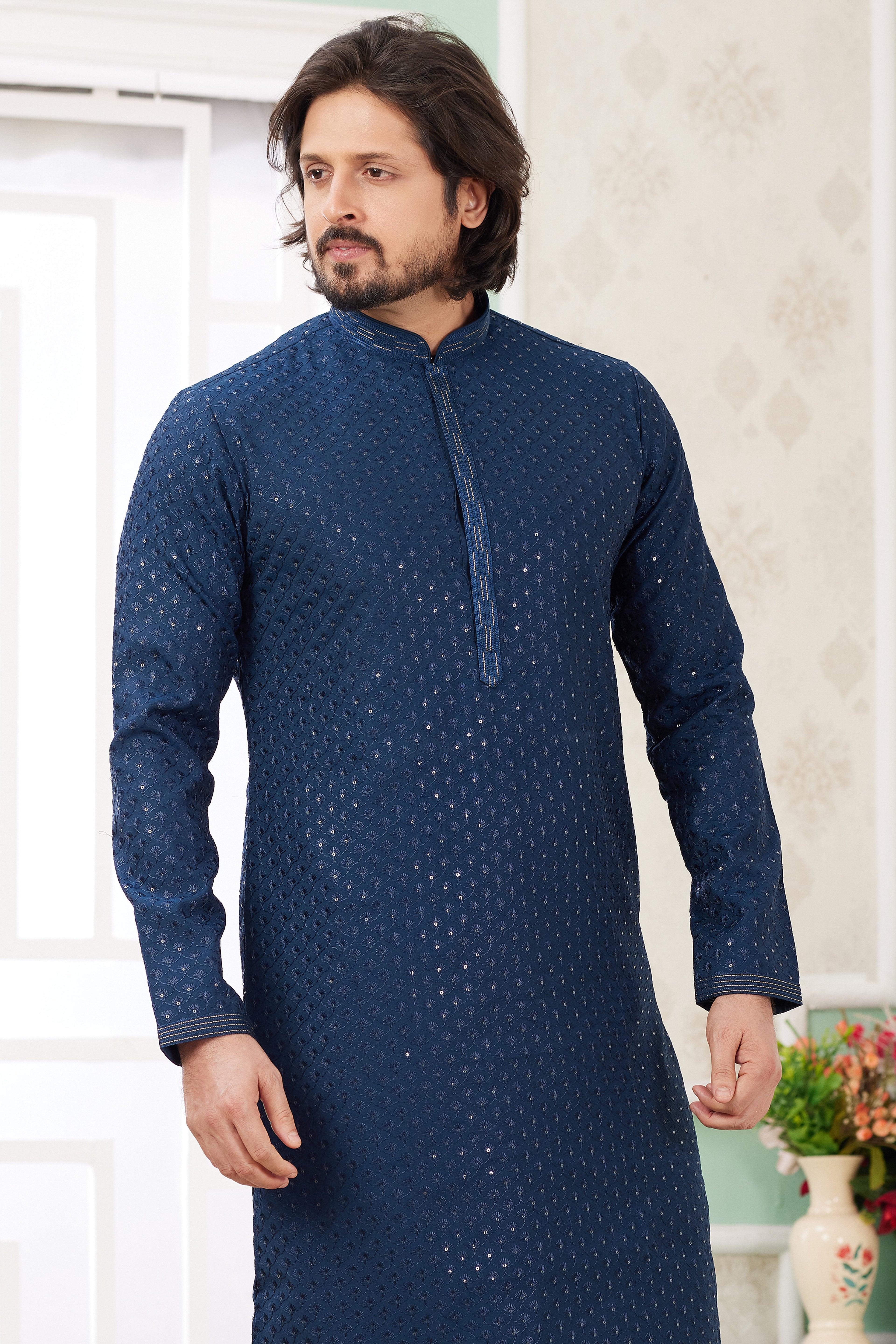 Navy Blue Art Silk Father Son Matching Combo Indo Western Traditional Sherwani Long Kurta & Pajama Suit for Wedding - Embroidery Work
