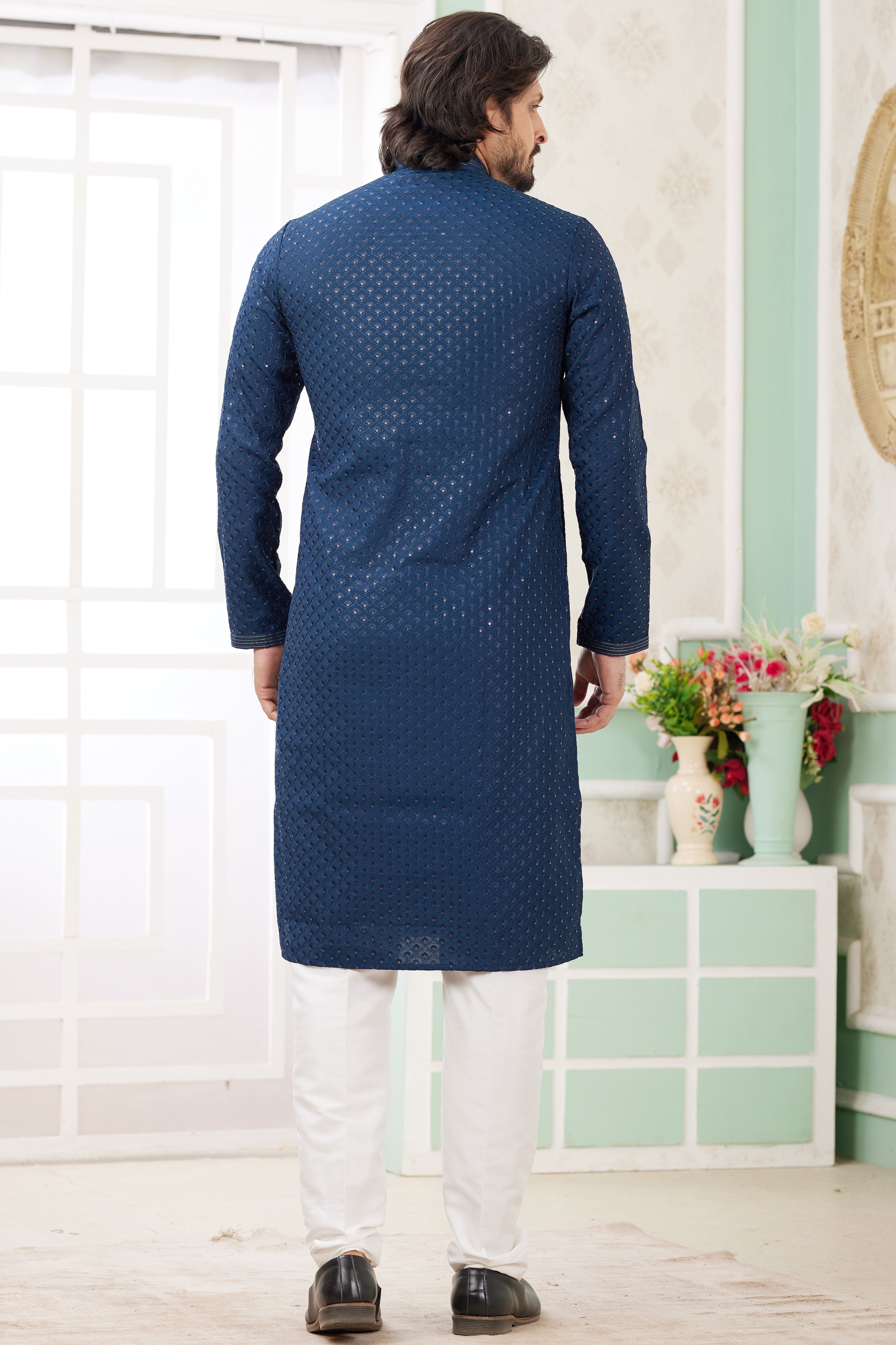 Navy Blue Art Silk Father Son Matching Combo Indo Western Traditional Sherwani Long Kurta & Pajama Suit for Wedding - Embroidery Work