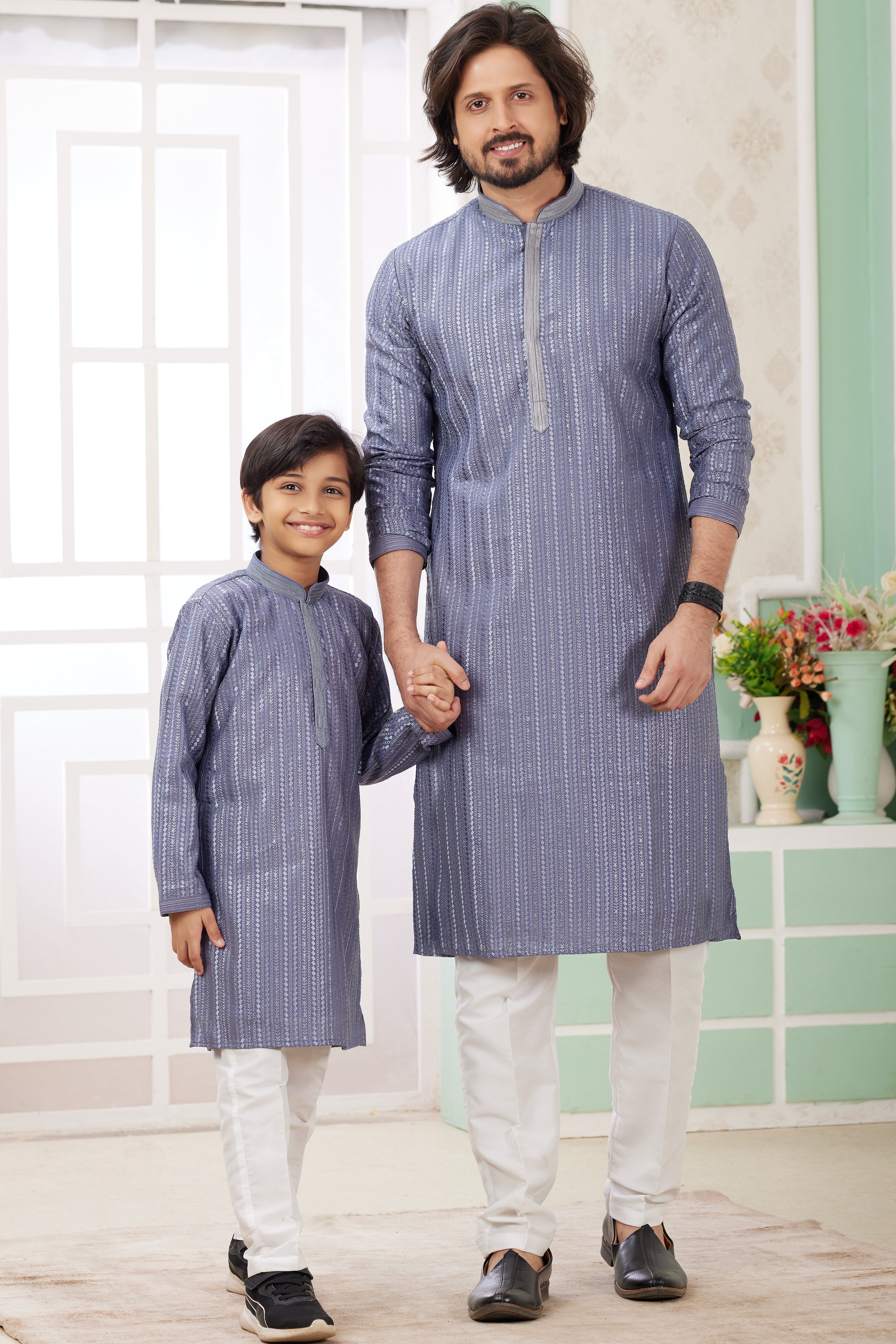 Dusty Blue Art Silk Father Son Matching Combo Indo Western Traditional Sherwani Long Kurta & Pajama Suit for Wedding - Embroidery Work