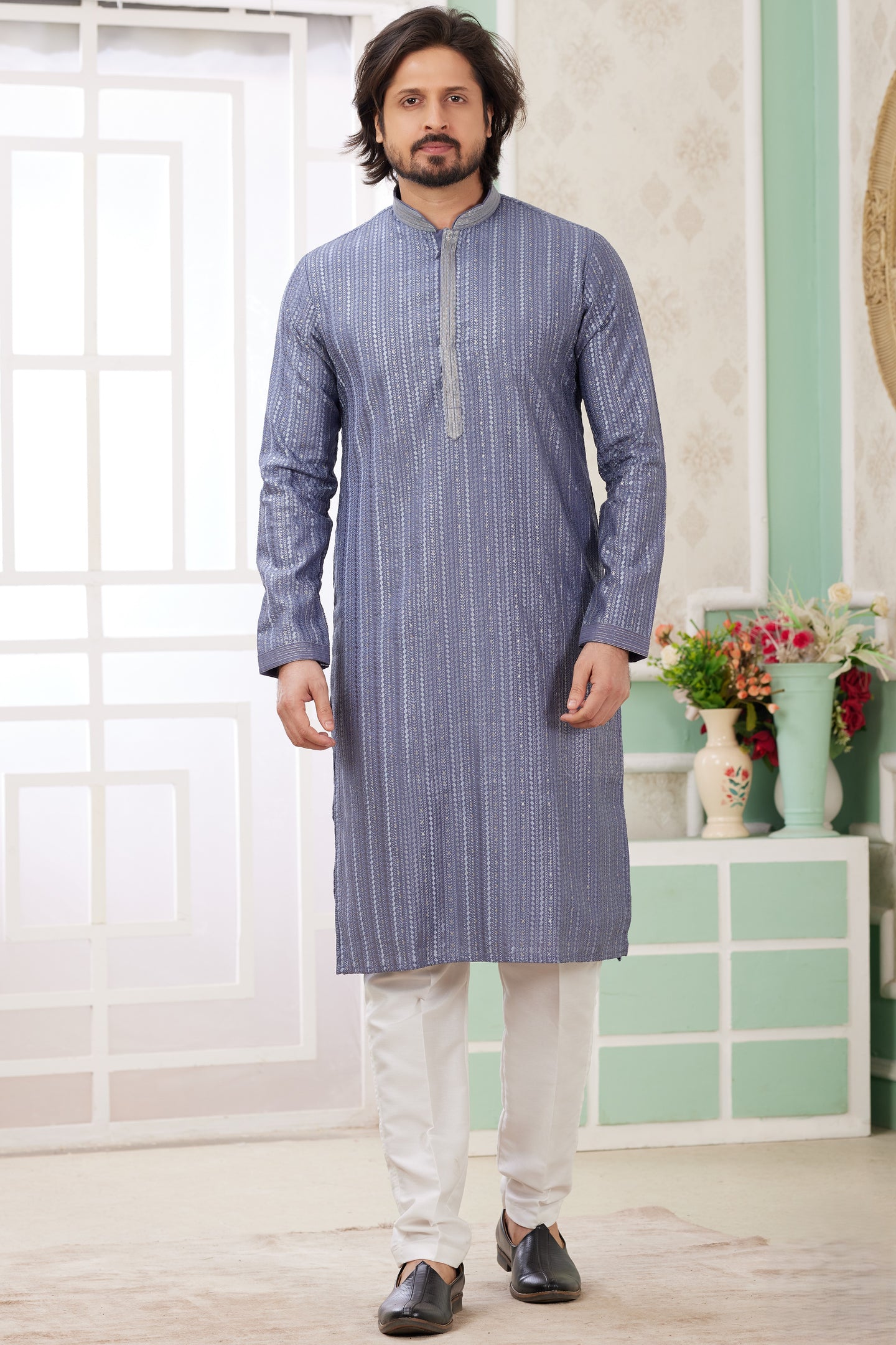 Dusty Blue Art Silk Father Son Matching Combo Indo Western Traditional Sherwani Long Kurta & Pajama Suit for Wedding - Embroidery Work