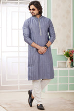 Levander Gray Art Silk Indo Western Traditional Sherwani Long Kurta & Pant Suit for Men for Wedding - Embroidery Work