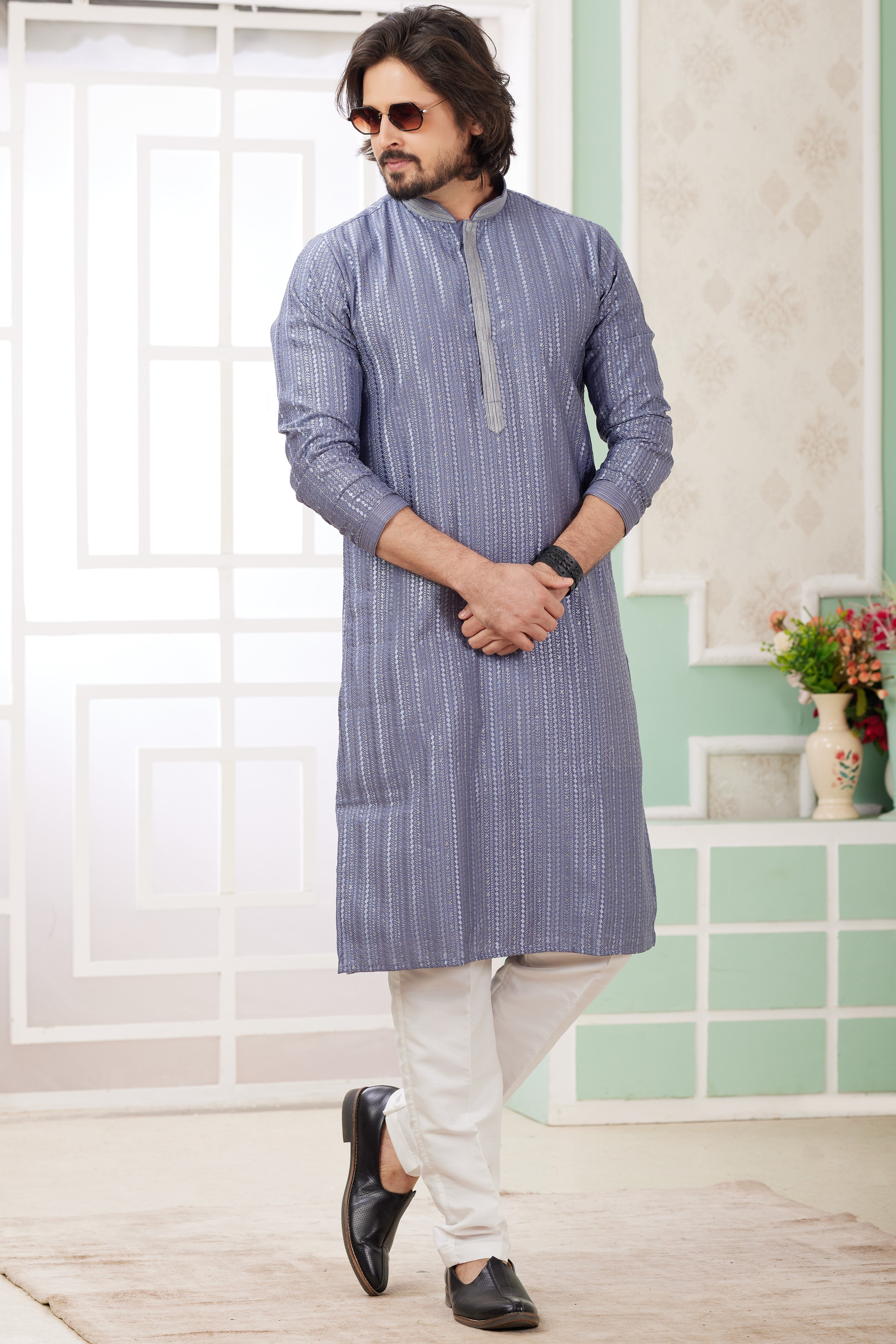 Levander Gray Art Silk Indo Western Traditional Sherwani Long Kurta & Pant Suit for Men for Wedding - Embroidery Work
