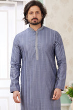 Levander Gray Art Silk Indo Western Traditional Sherwani Long Kurta & Pant Suit for Men for Wedding - Embroidery Work