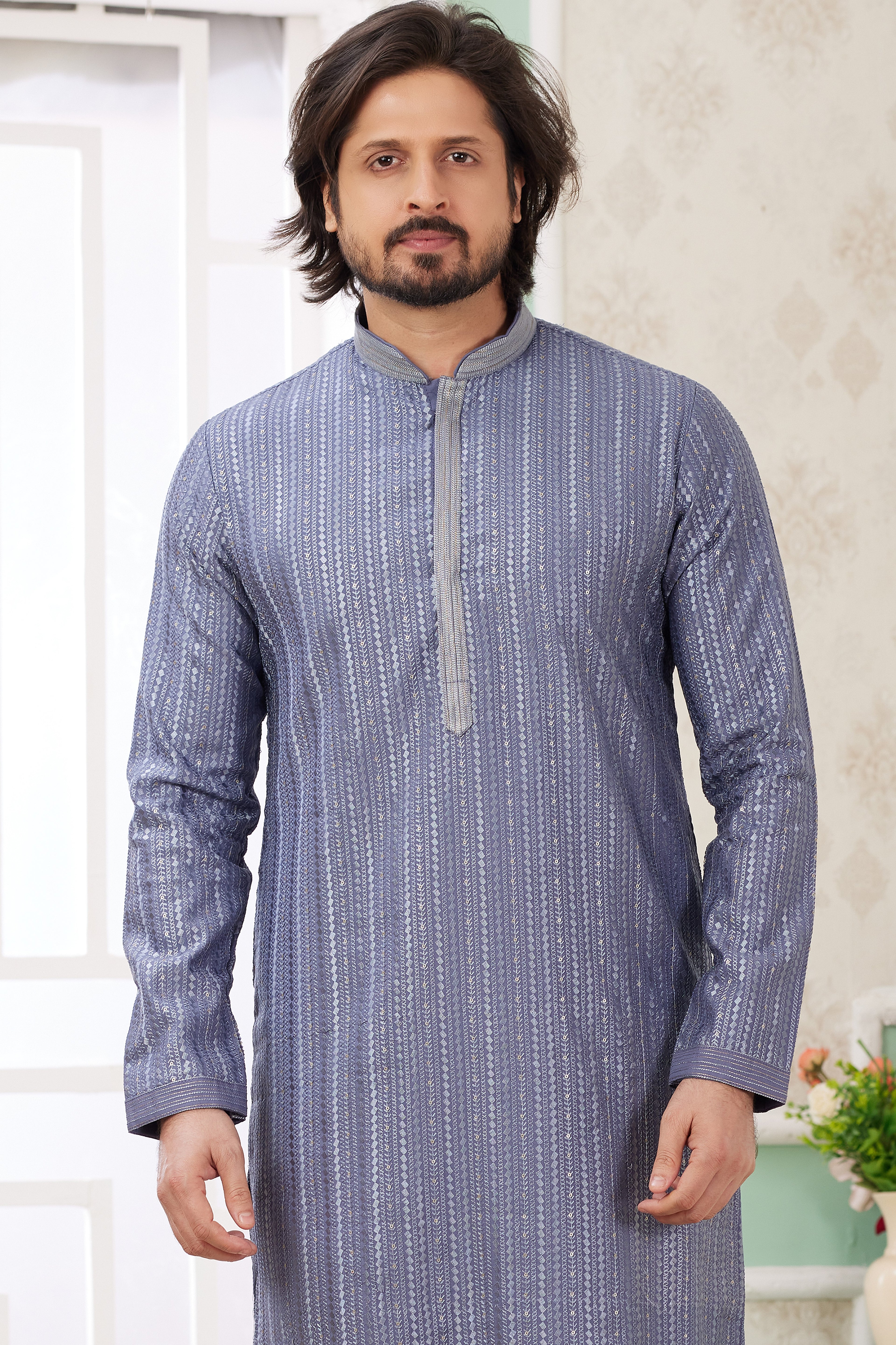 Levander Gray Art Silk Indo Western Traditional Sherwani Long Kurta & Pant Suit for Men for Wedding - Embroidery Work