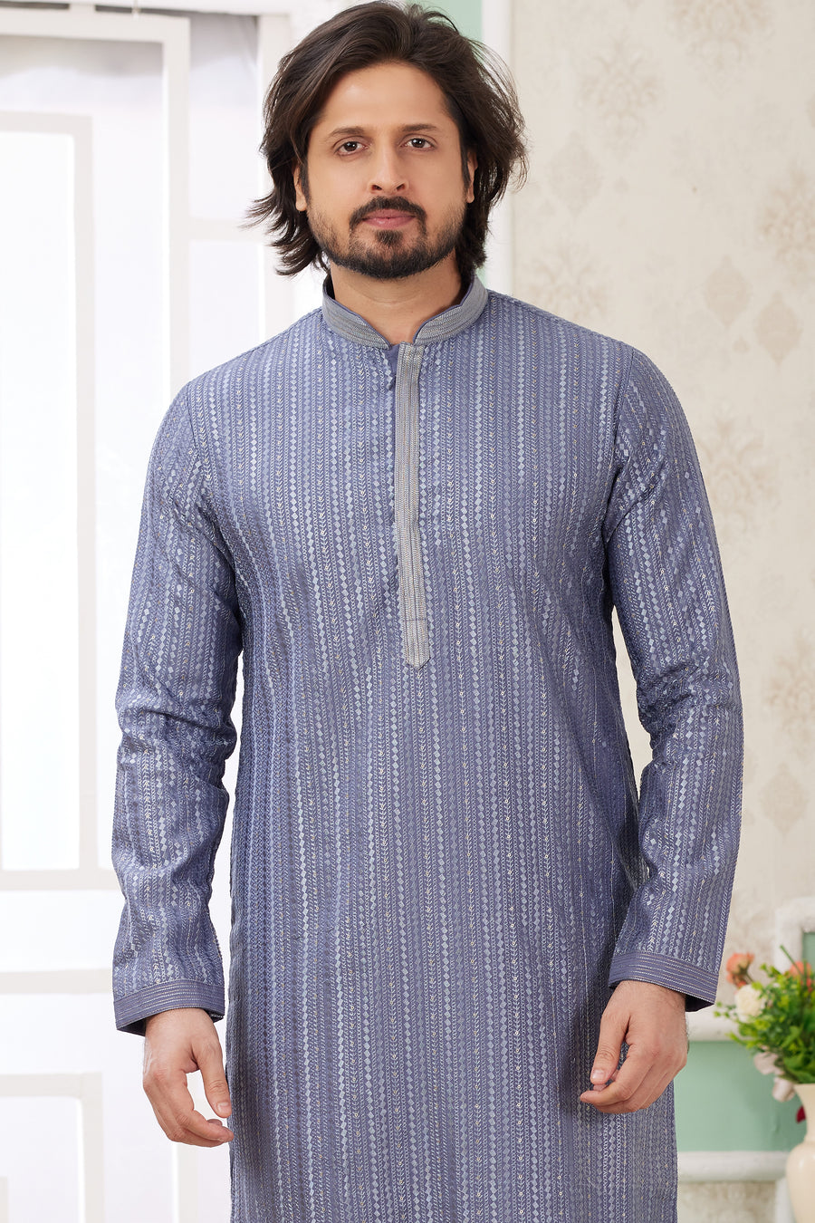 Dusty Blue Art Silk Father Son Matching Combo Indo Western Traditional Sherwani Long Kurta & Pajama Suit for Wedding - Embroidery Work