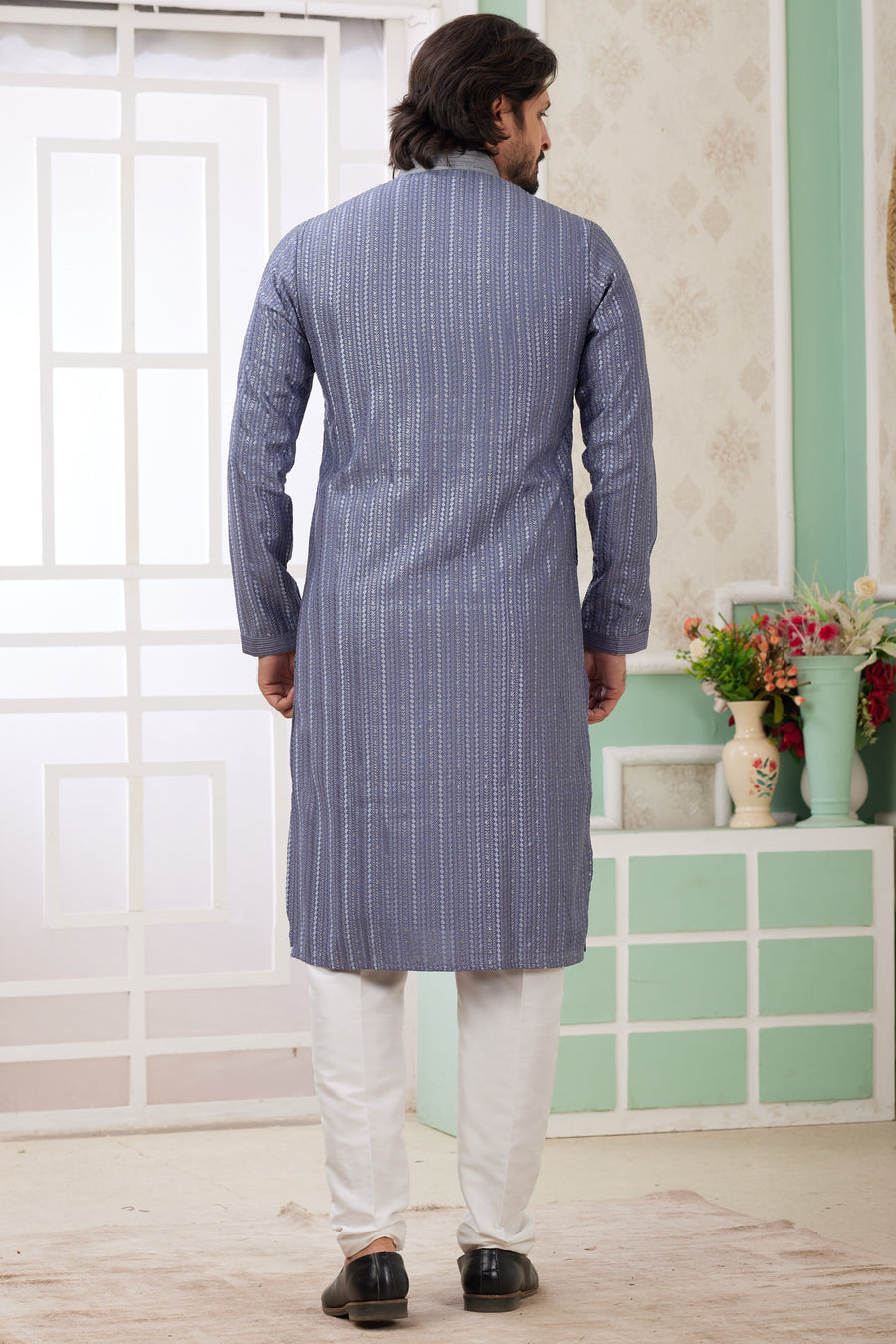 Levander Gray Art Silk Indo Western Traditional Sherwani Long Kurta & Pant Suit for Men for Wedding - Embroidery Work