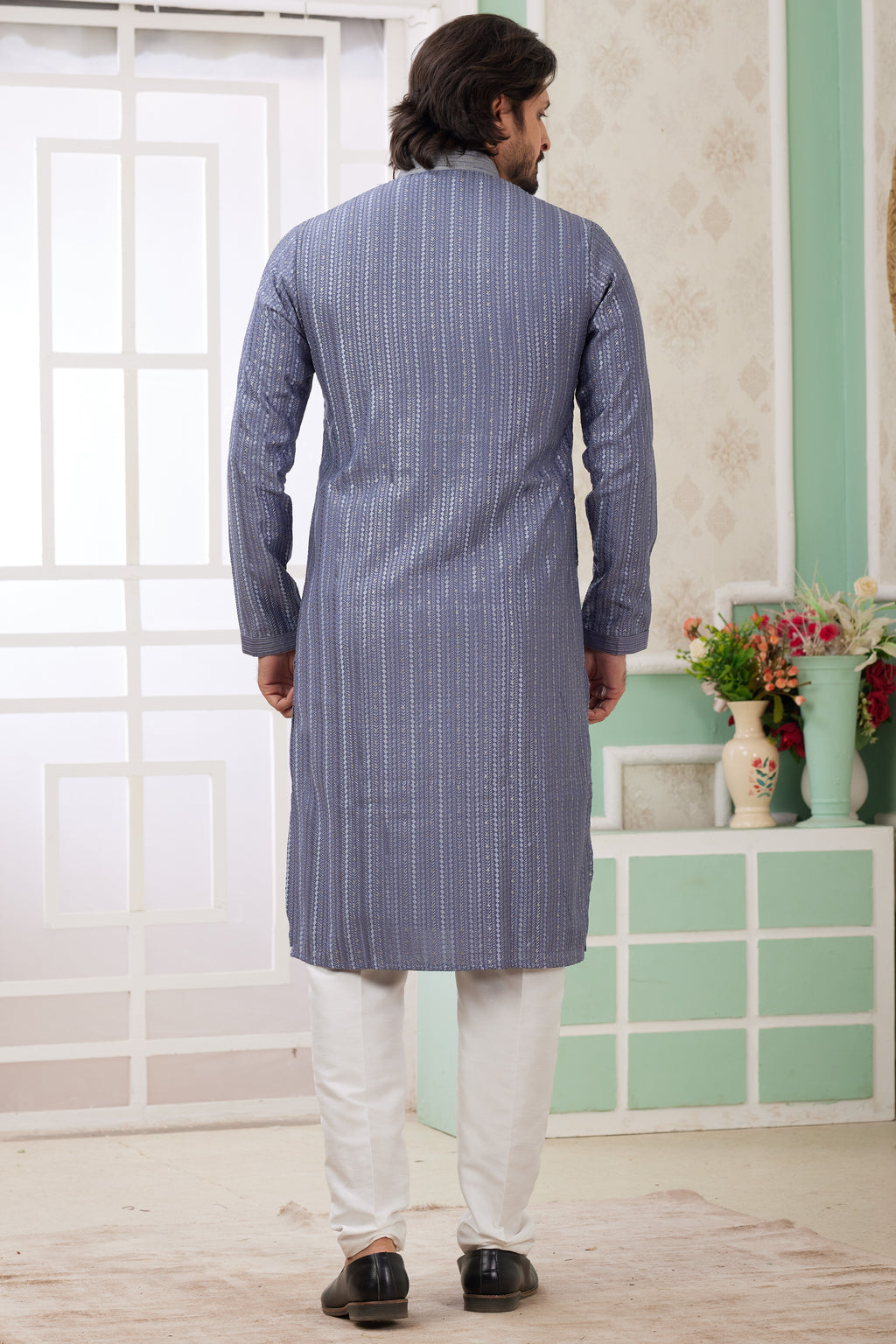 Dusty Blue Art Silk Father Son Matching Combo Indo Western Traditional Sherwani Long Kurta & Pajama Suit for Wedding - Embroidery Work