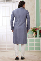 Dusty Blue Art Silk Father Son Matching Combo Indo Western Traditional Sherwani Long Kurta & Pajama Suit for Wedding - Embroidery Work
