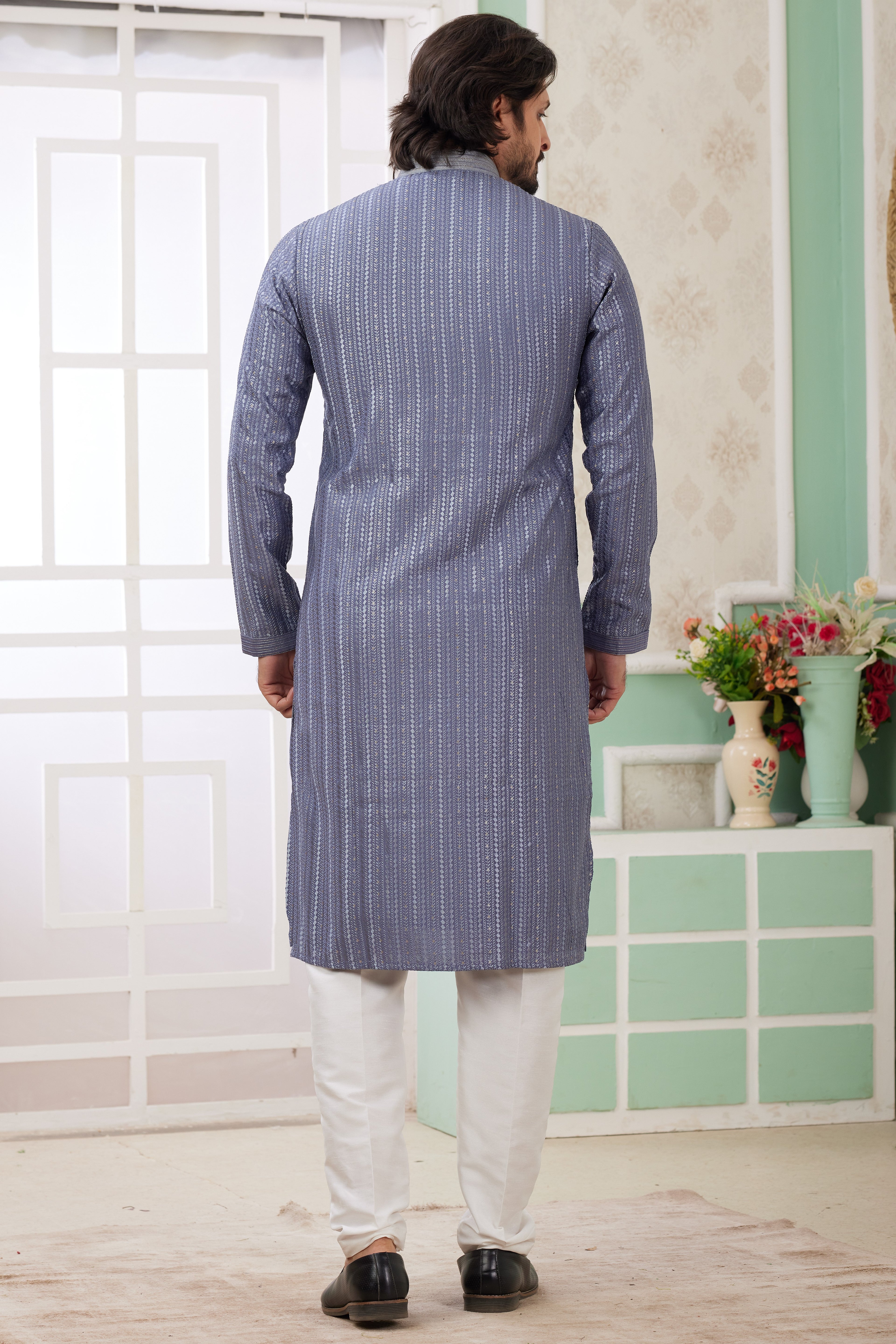 Dusty Blue Art Silk Father Son Matching Combo Indo Western Traditional Sherwani Long Kurta & Pajama Suit for Wedding - Embroidery Work