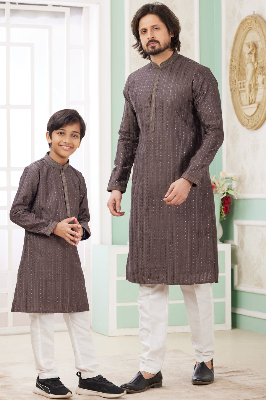 Brown Art Silk Father Son Matching Combo Indo Western Traditional Sherwani Long Kurta & Pajama Suit for Wedding - Embroidery Work