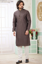 Brown Art Silk Indo Western Traditional Sherwani Long Kurta & Pant Suit for Men for Wedding - Embroidery Work