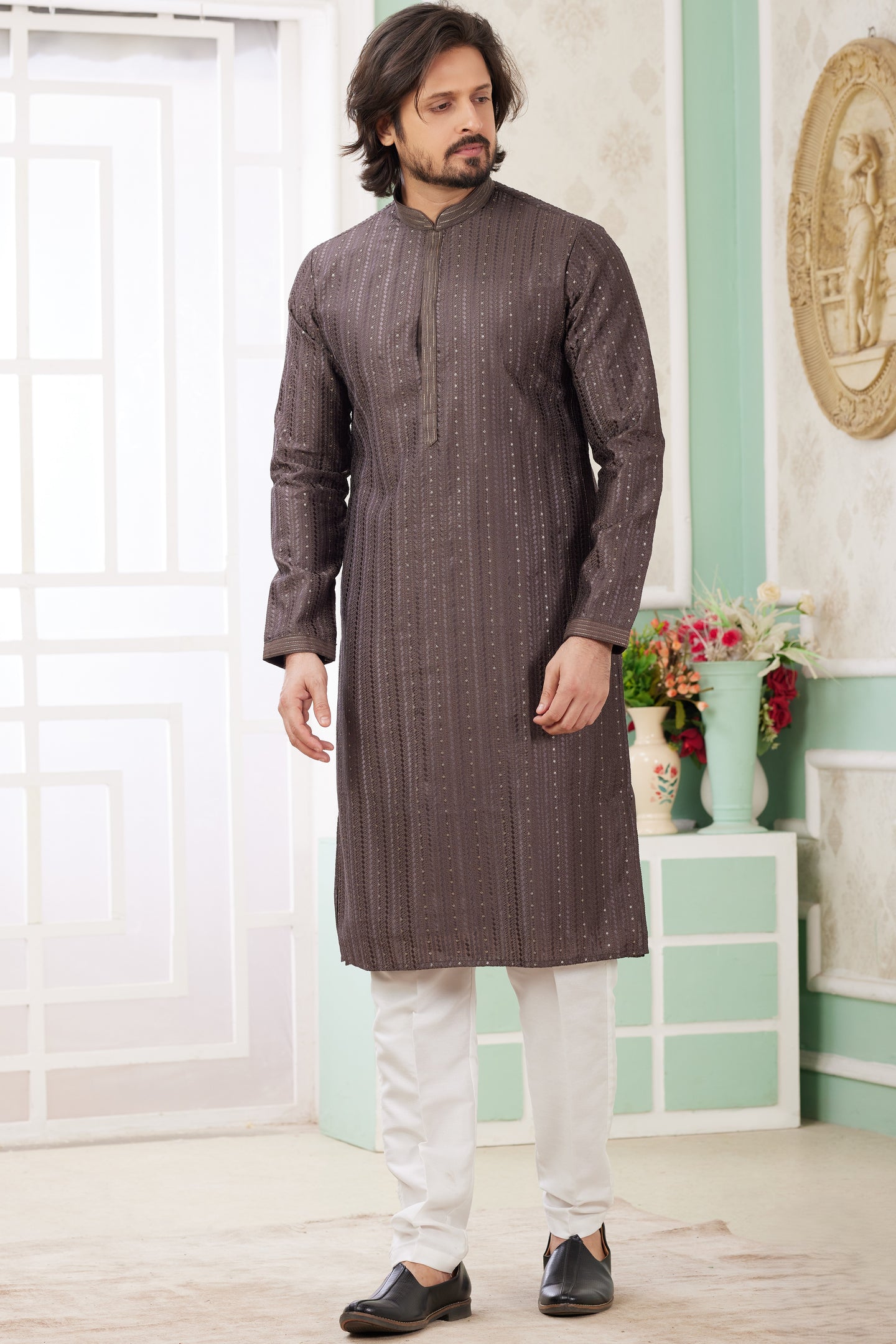 Brown Art Silk Father Son Matching Combo Indo Western Traditional Sherwani Long Kurta & Pajama Suit for Wedding - Embroidery Work