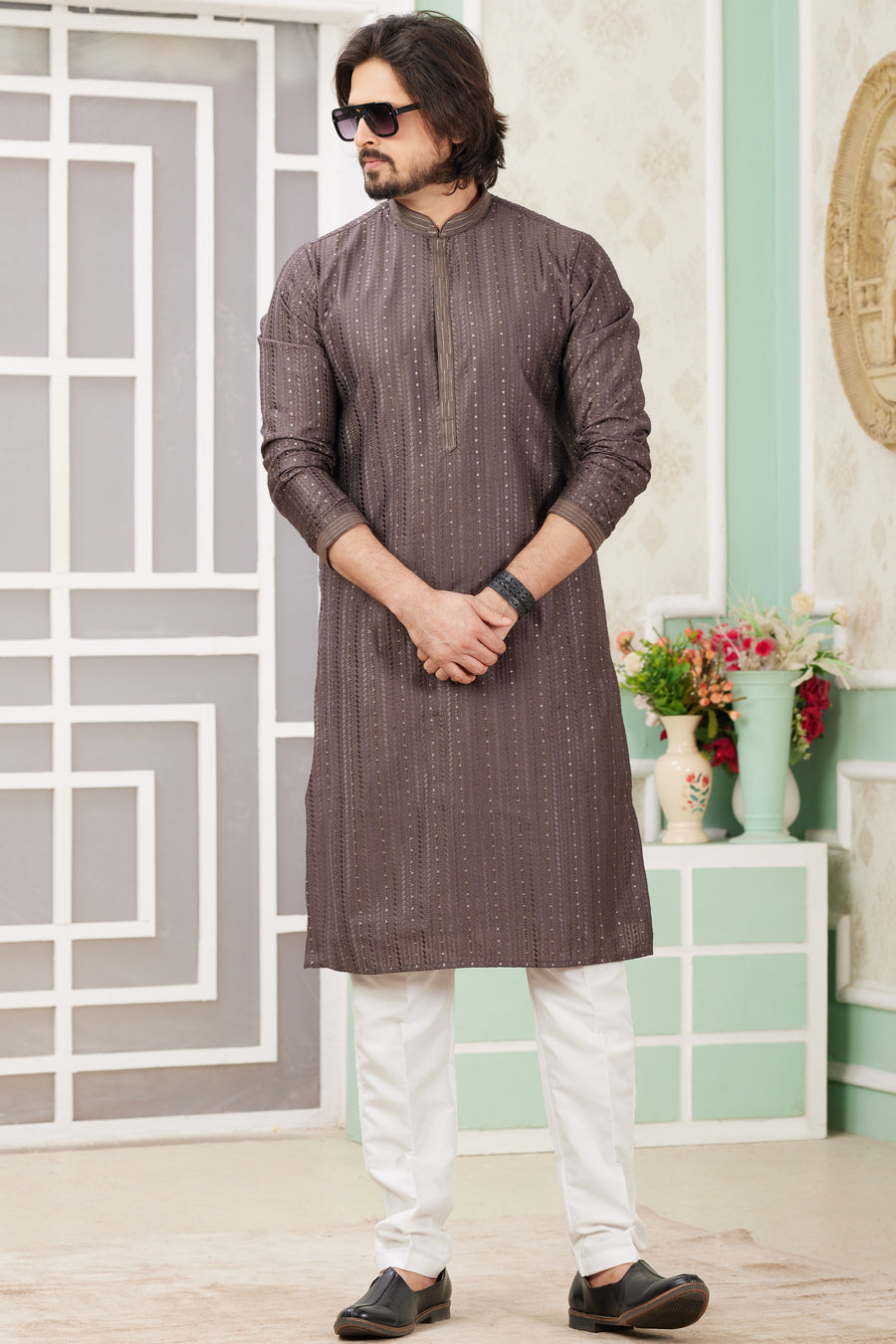 Brown Art Silk Indo Western Traditional Sherwani Long Kurta & Pant Suit for Men for Wedding - Embroidery Work