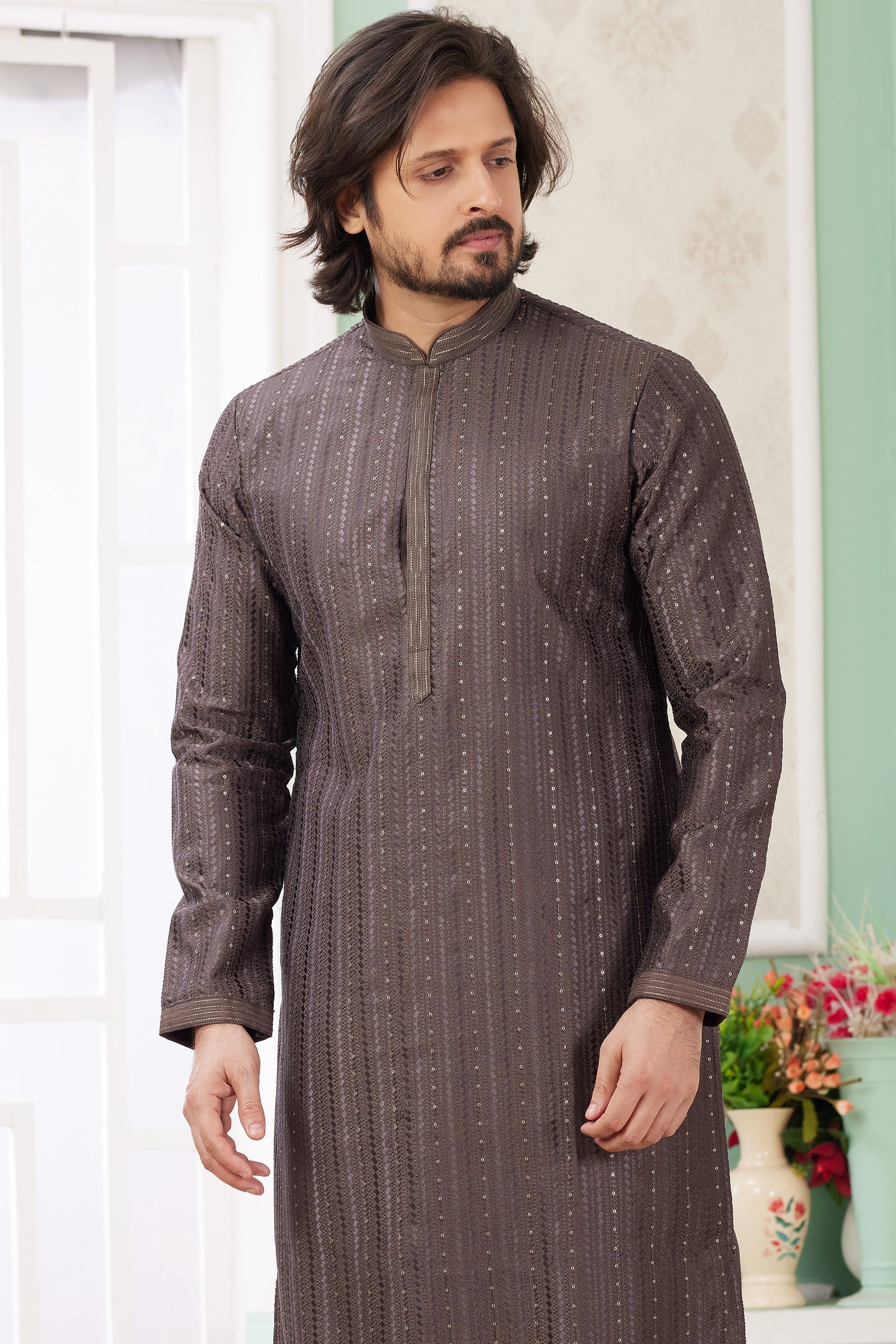 Brown Art Silk Indo Western Traditional Sherwani Long Kurta & Pant Suit for Men for Wedding - Embroidery Work