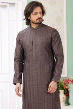 Brown Art Silk Father Son Matching Combo Indo Western Traditional Sherwani Long Kurta & Pajama Suit for Wedding - Embroidery Work
