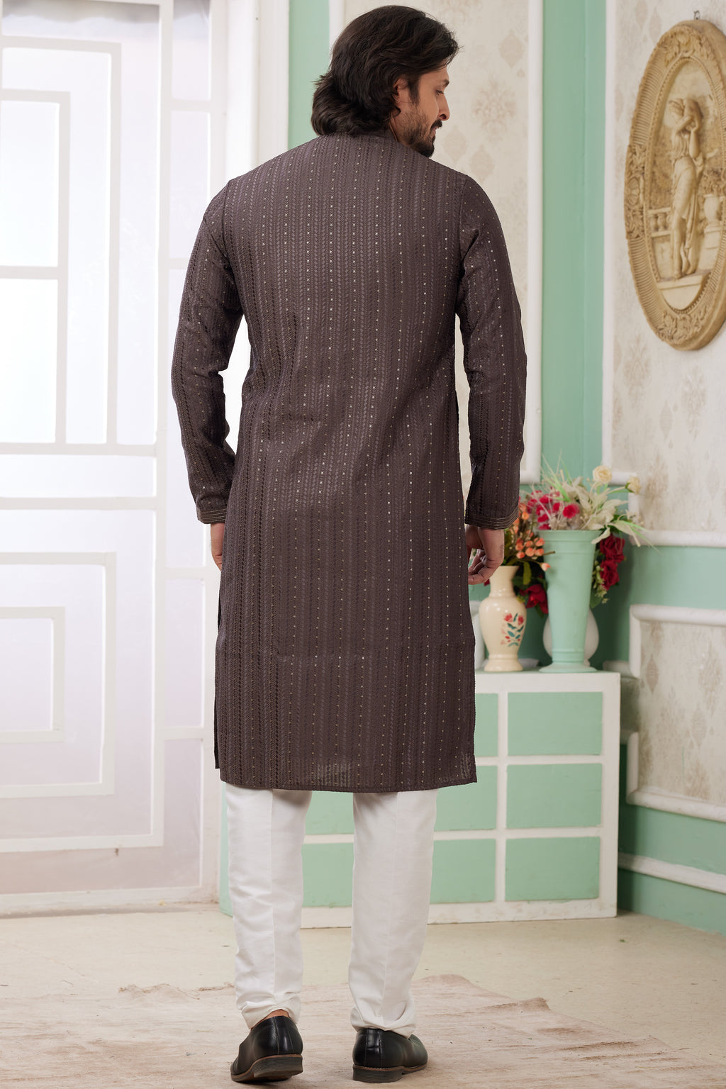 Brown Art Silk Indo Western Traditional Sherwani Long Kurta & Pant Suit for Men for Wedding - Embroidery Work