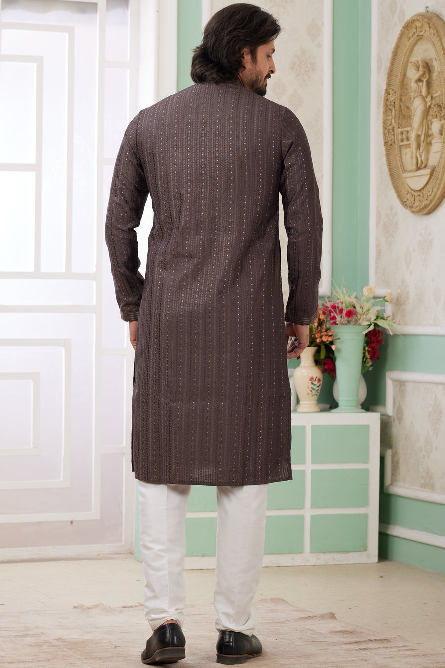 Brown Art Silk Father Son Matching Combo Indo Western Traditional Sherwani Long Kurta & Pajama Suit for Wedding - Embroidery Work