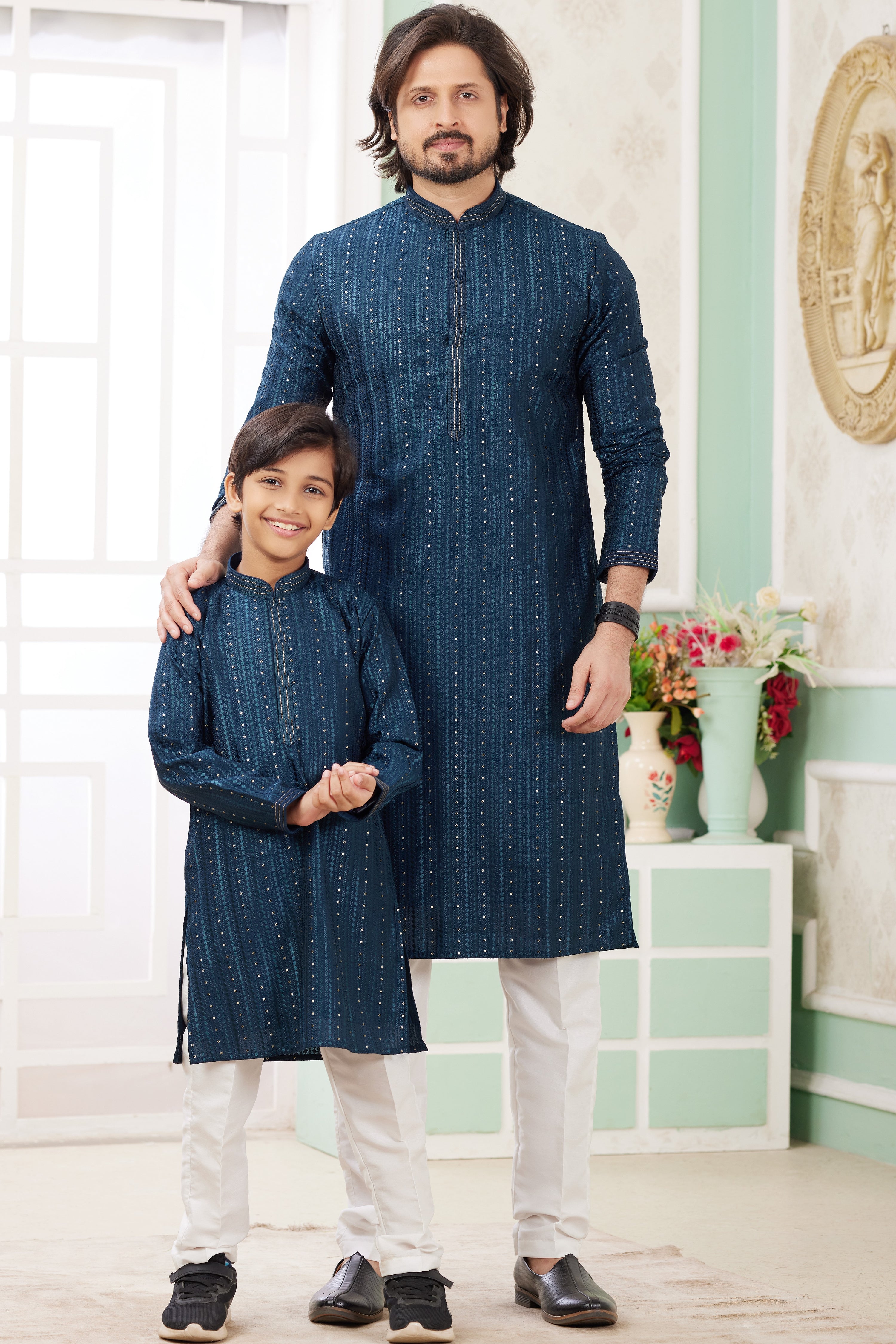 Deep Teal Art Silk Father Son Matching Combo Indo Western Traditional Sherwani Long Kurta & Pajama Suit for Wedding - Embroidery Work