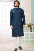 Navy Blue Art Silk Indo Western Traditional Sherwani Long Kurta & Pant Suit for Men for Wedding - Embroidery Work