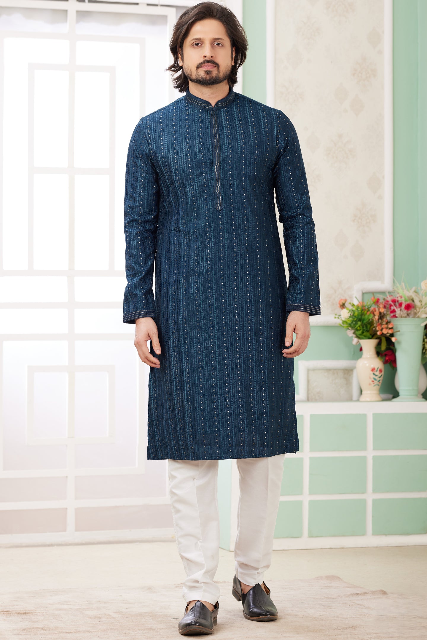 Navy Blue Art Silk Indo Western Traditional Sherwani Long Kurta & Pant Suit for Men for Wedding - Embroidery Work