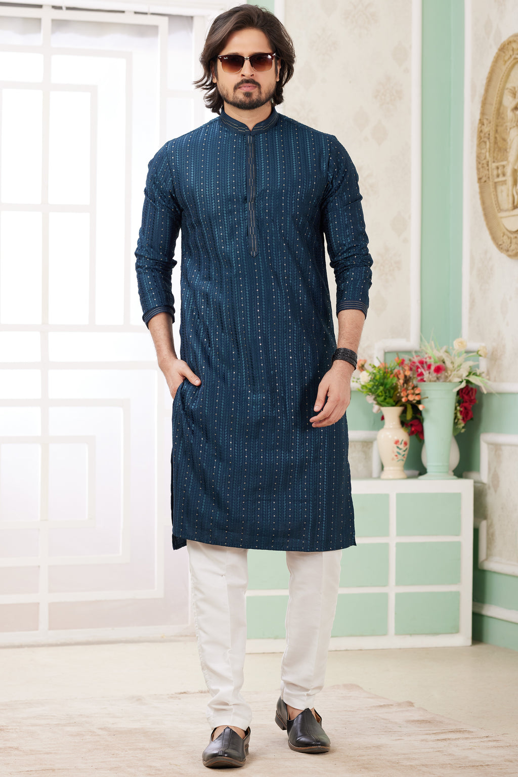 Navy Blue Art Silk Indo Western Traditional Sherwani Long Kurta & Pant Suit for Men for Wedding - Embroidery Work