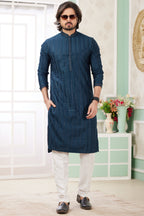 Navy Blue Art Silk Indo Western Traditional Sherwani Long Kurta & Pant Suit for Men for Wedding - Embroidery Work