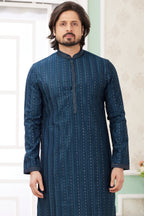 Navy Blue Art Silk Indo Western Traditional Sherwani Long Kurta & Pant Suit for Men for Wedding - Embroidery Work