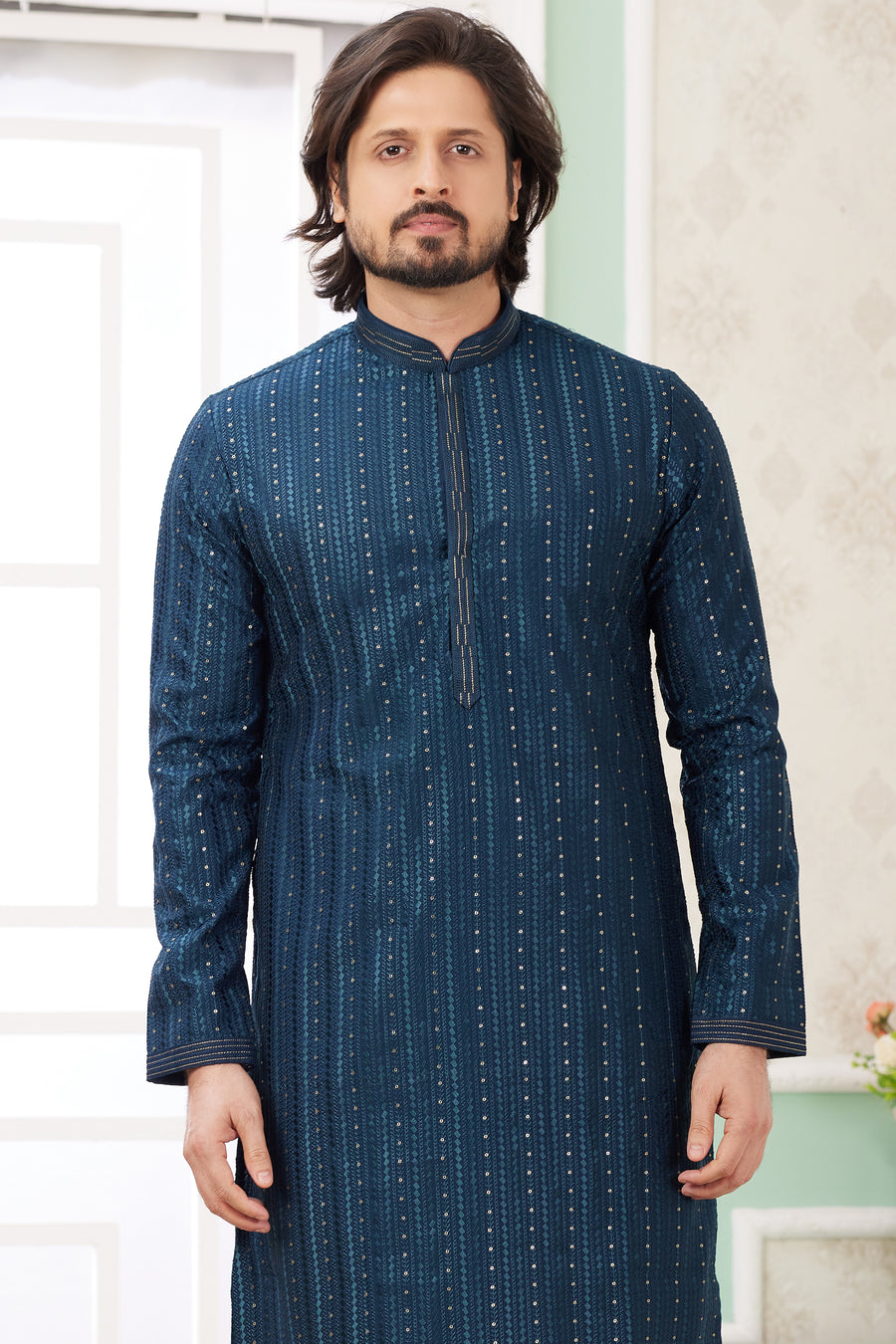 Navy Blue Art Silk Indo Western Traditional Sherwani Long Kurta & Pant Suit for Men for Wedding - Embroidery Work