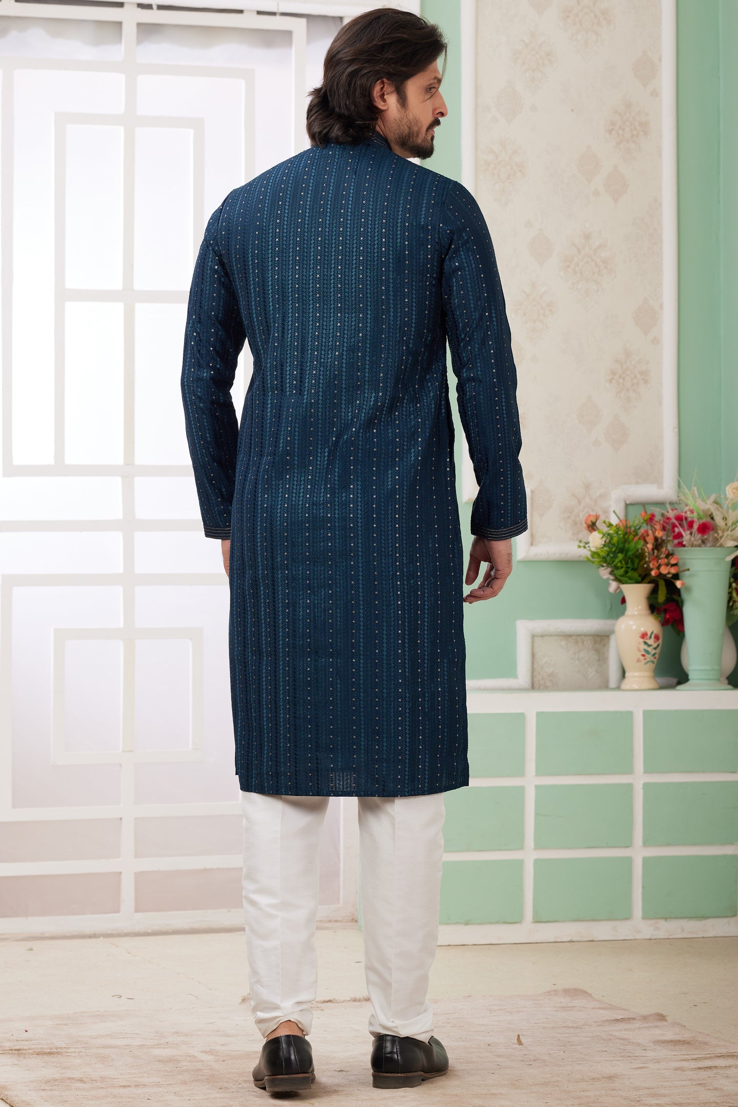 Navy Blue Art Silk Indo Western Traditional Sherwani Long Kurta & Pant Suit for Men for Wedding - Embroidery Work