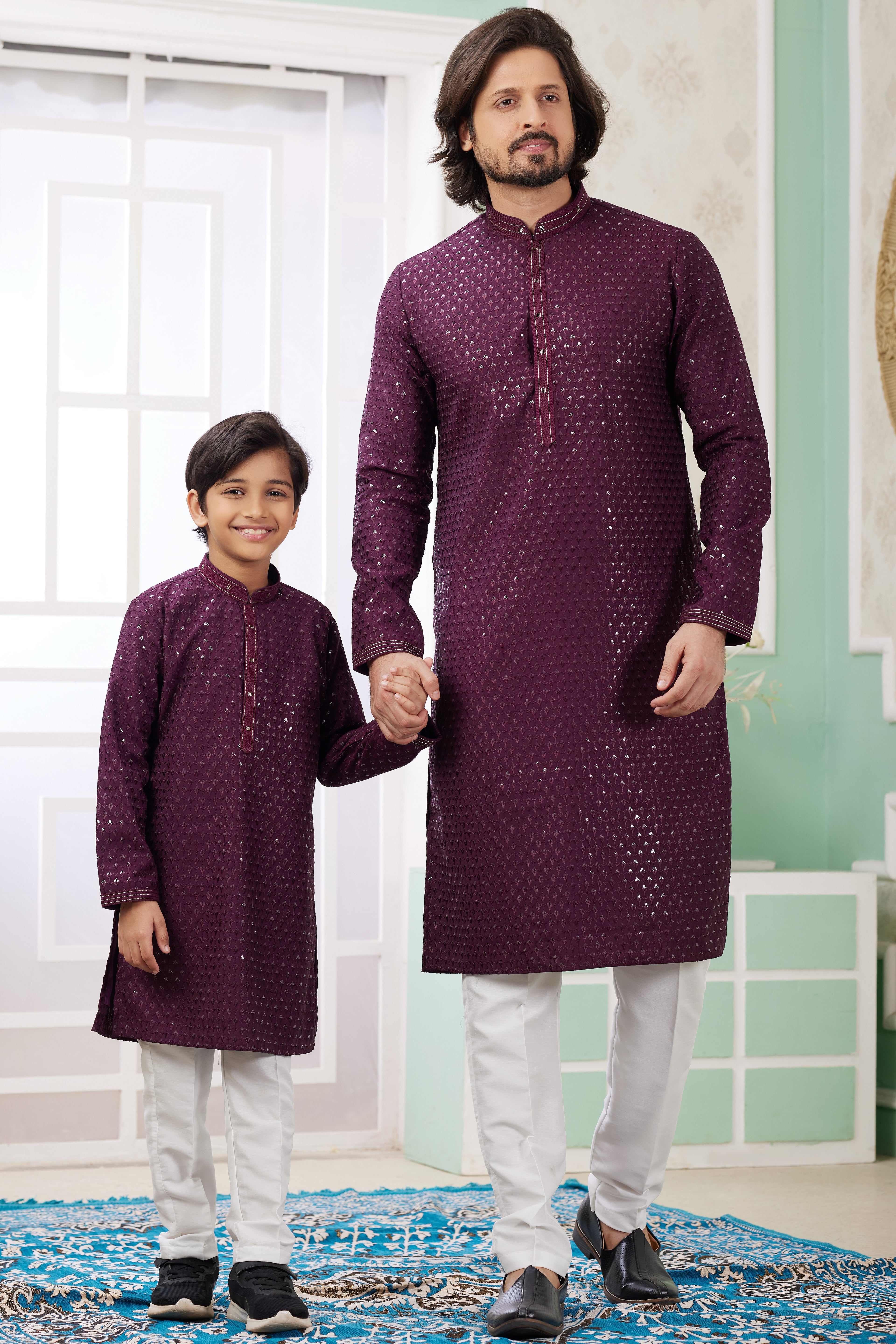 Burgundy Art Silk Father Son Matching Combo Indo Western Traditional Sherwani Long Kurta & Pajama Suit for Wedding - Embroidery Work