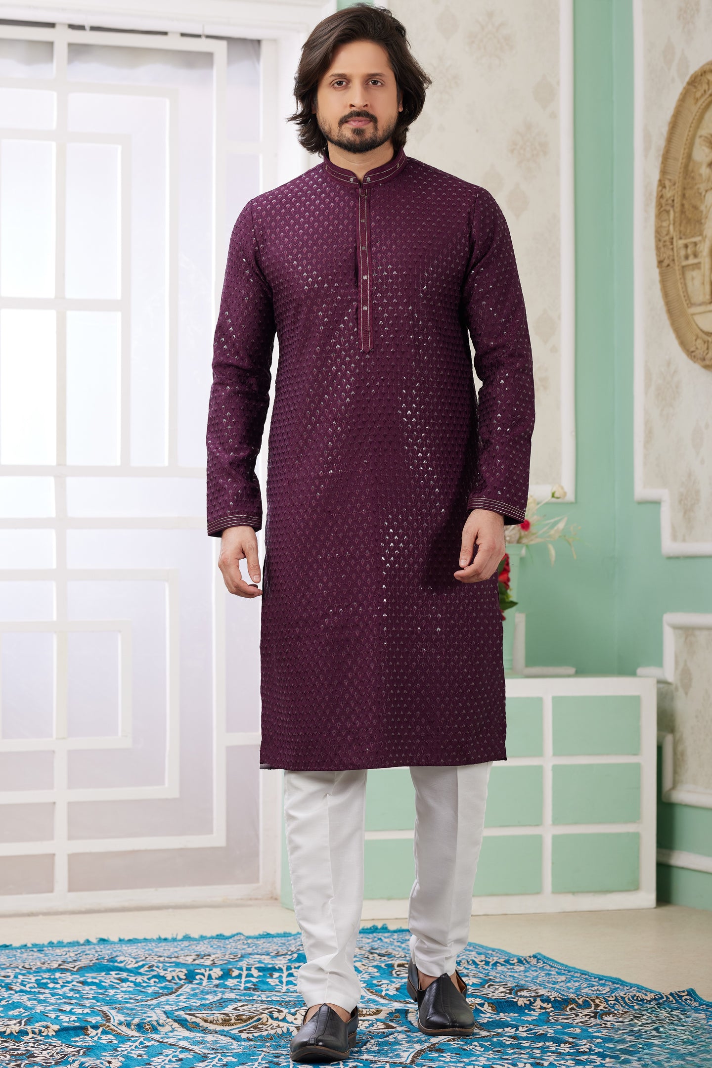 Maroon Art Silk Indo Western Traditional Sherwani Long Kurta & Pant Suit for Men for Wedding - Embrodery Work