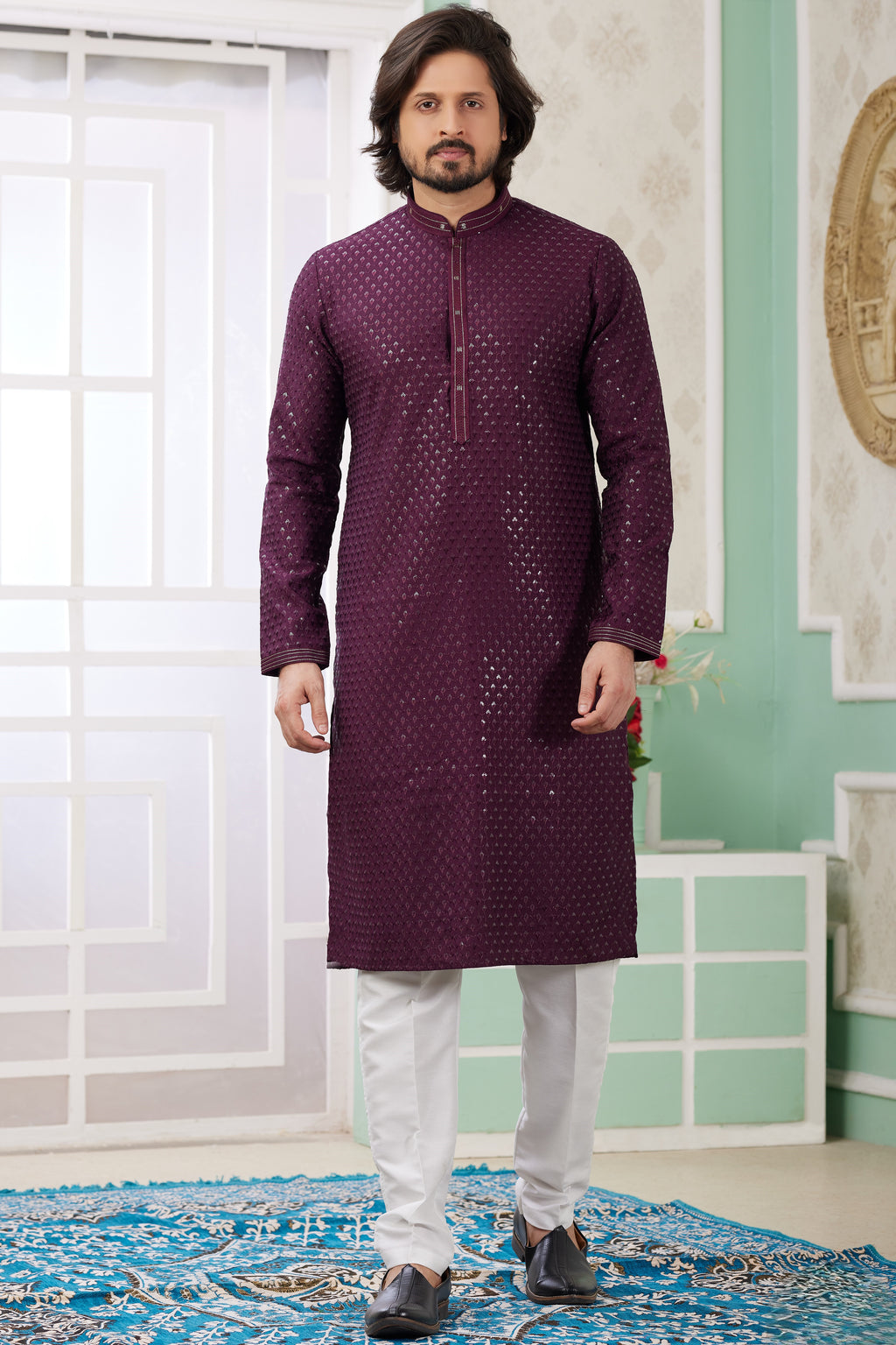 Burgundy Art Silk Father Son Matching Combo Indo Western Traditional Sherwani Long Kurta & Pajama Suit for Wedding - Embroidery Work