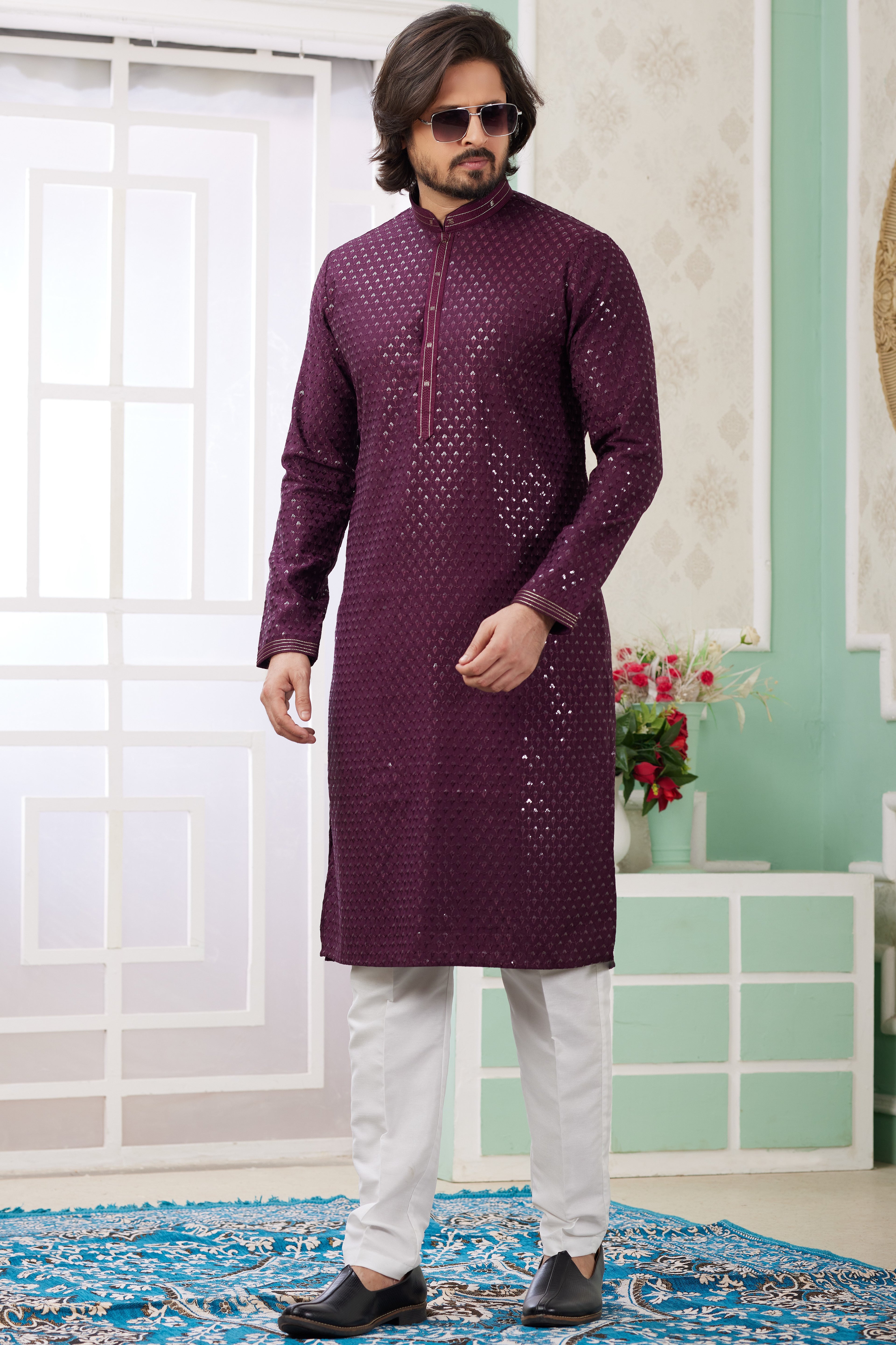 Maroon Art Silk Indo Western Traditional Sherwani Long Kurta & Pant Suit for Men for Wedding - Embrodery Work
