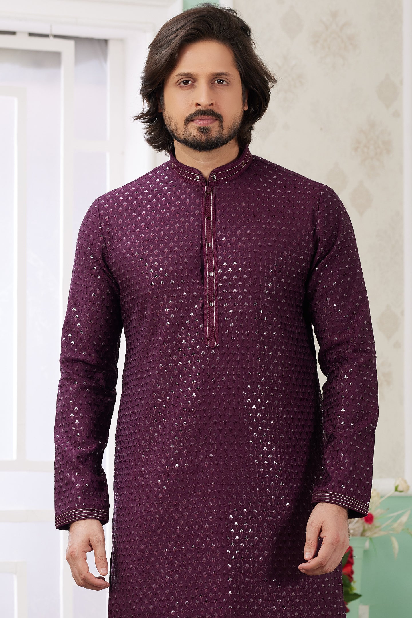 Maroon Art Silk Indo Western Traditional Sherwani Long Kurta & Pant Suit for Men for Wedding - Embrodery Work