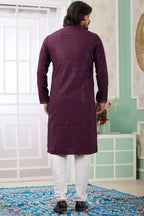 Maroon Art Silk Indo Western Traditional Sherwani Long Kurta & Pant Suit for Men for Wedding - Embrodery Work