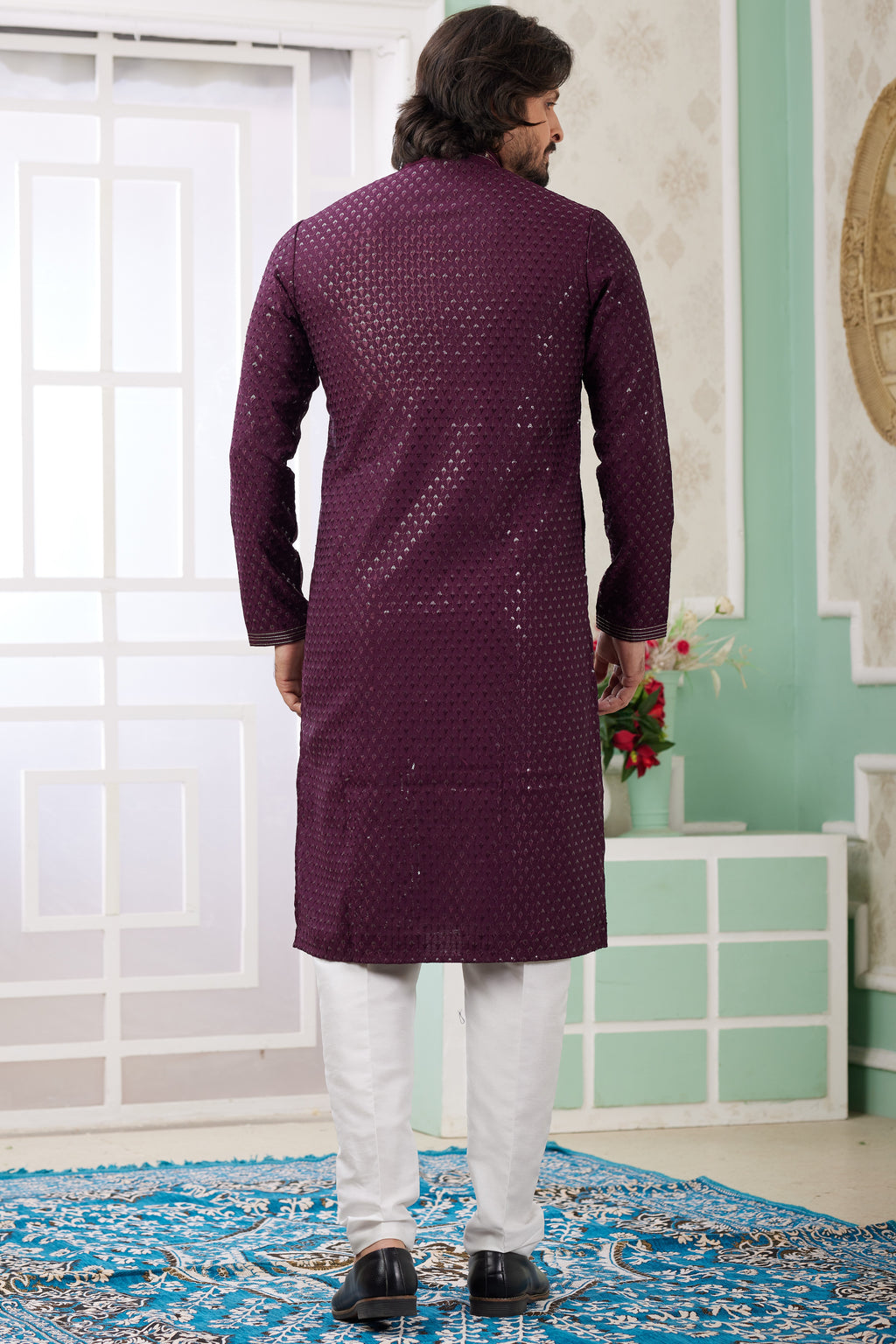 Burgundy Art Silk Father Son Matching Combo Indo Western Traditional Sherwani Long Kurta & Pajama Suit for Wedding - Embroidery Work