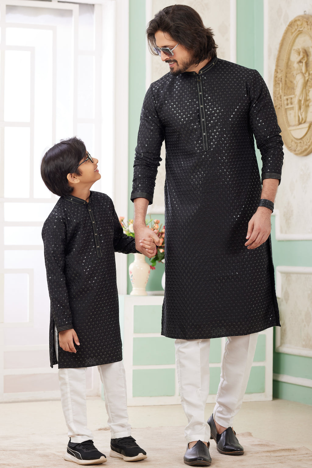 Black Art Silk Father Son Matching Combo Indo Western Traditional Sherwani Long Kurta & Pajama Suit for Wedding - Embroidery Work
