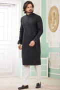 Black Art Silk Indo Western Traditional Sherwani Long Kurta & Pant Suit for Men for Wedding - Embrodery Work